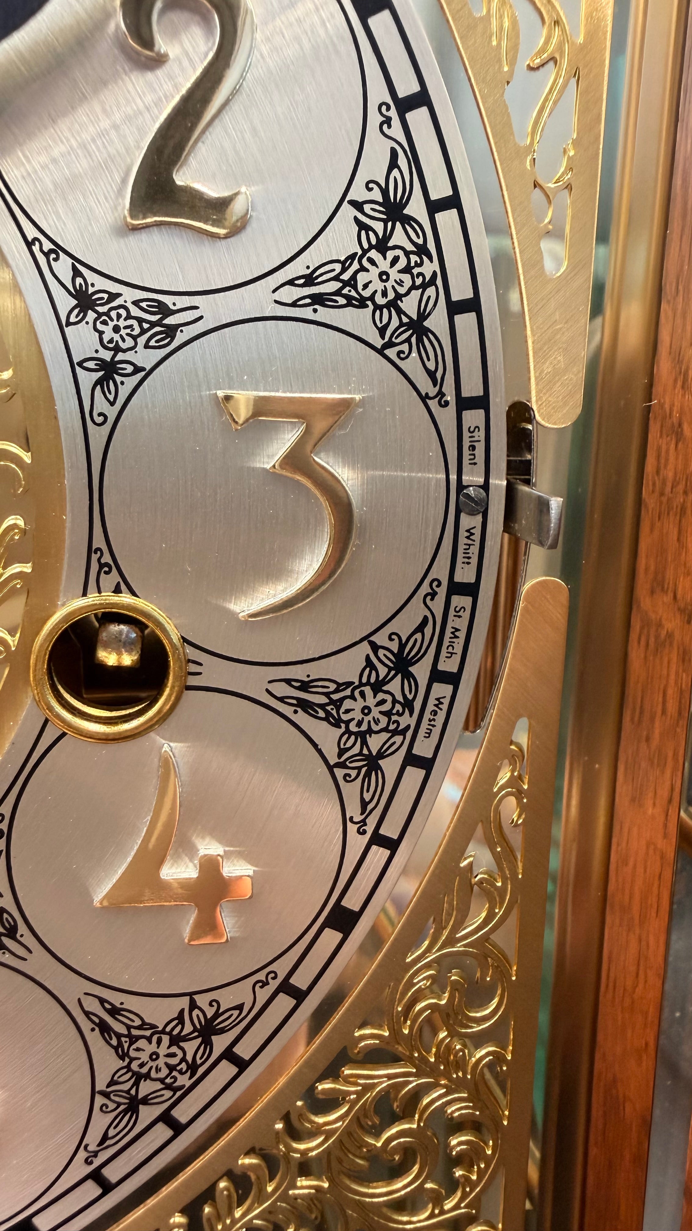Ansonia Gold Medallion 370 Triple Chime Mantel Clock, Beveled Glass Mechanical Bracket Clock