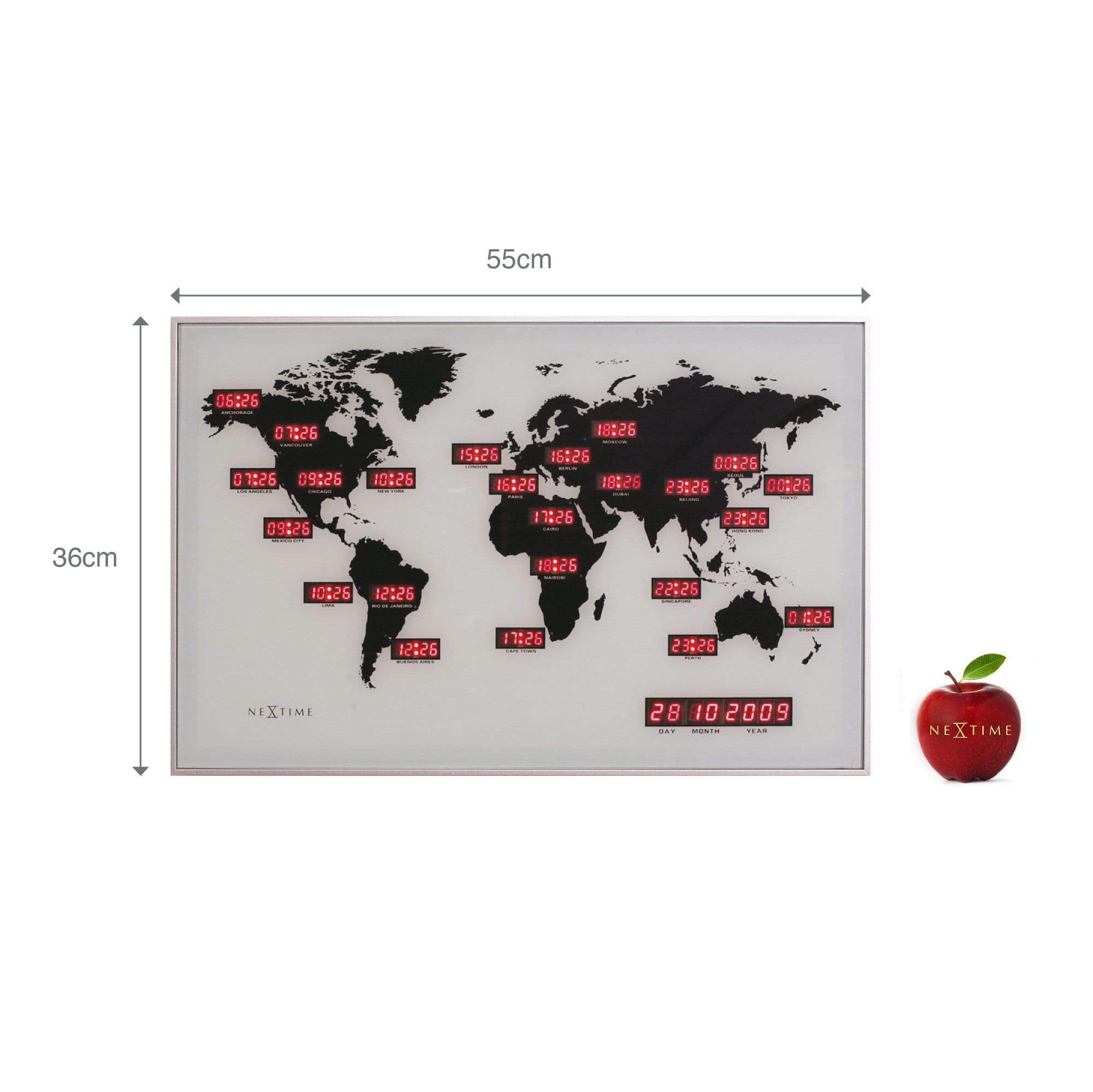 World Time Digit Wall Clock - Multiple Time Zones - Glass - 21.5 x 14.2 inches - White - (NeXtime 2897)