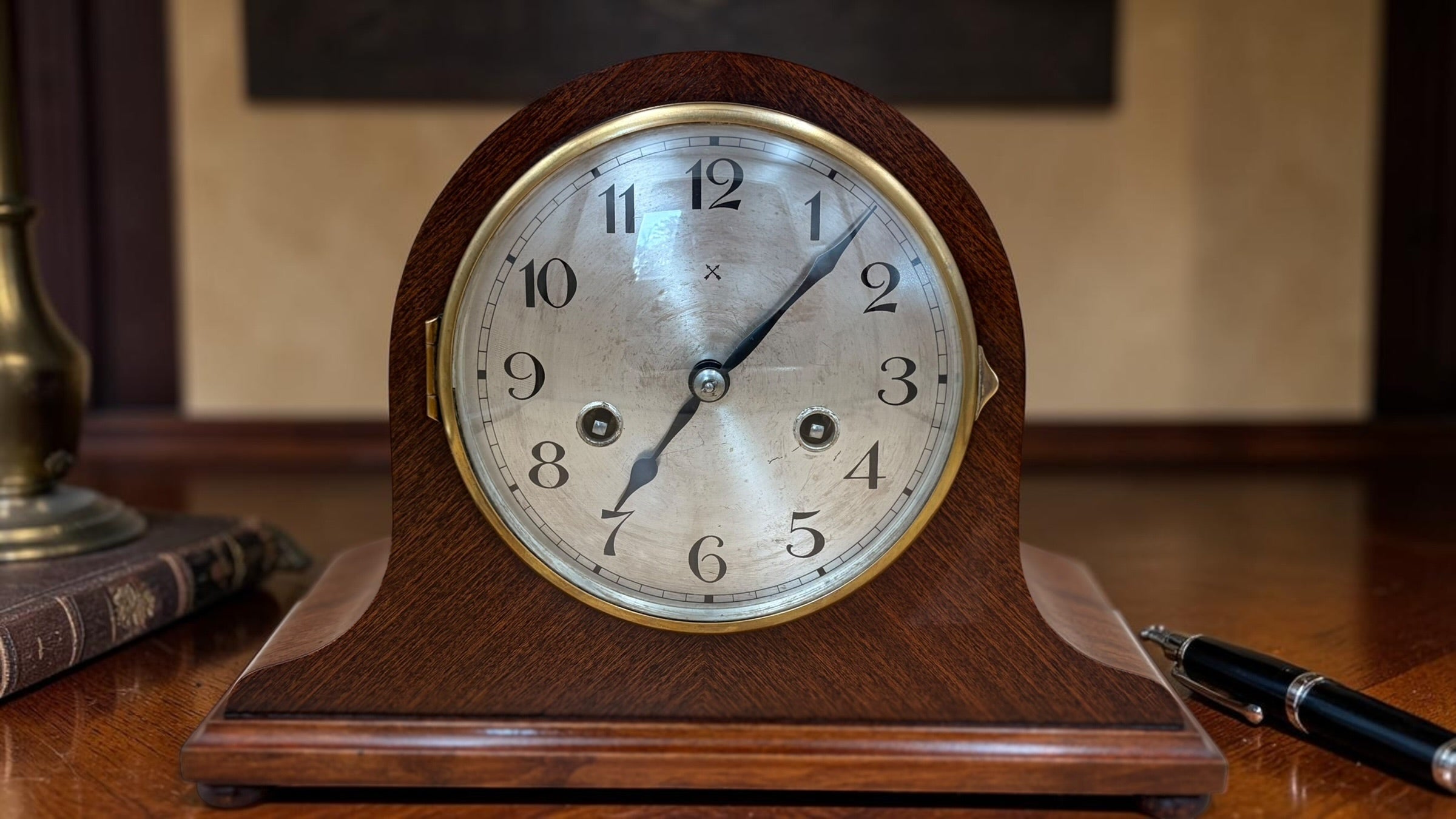 H.A.C. German Mantel Clock – Antique Walnut Tambour Working c.1920s-30s