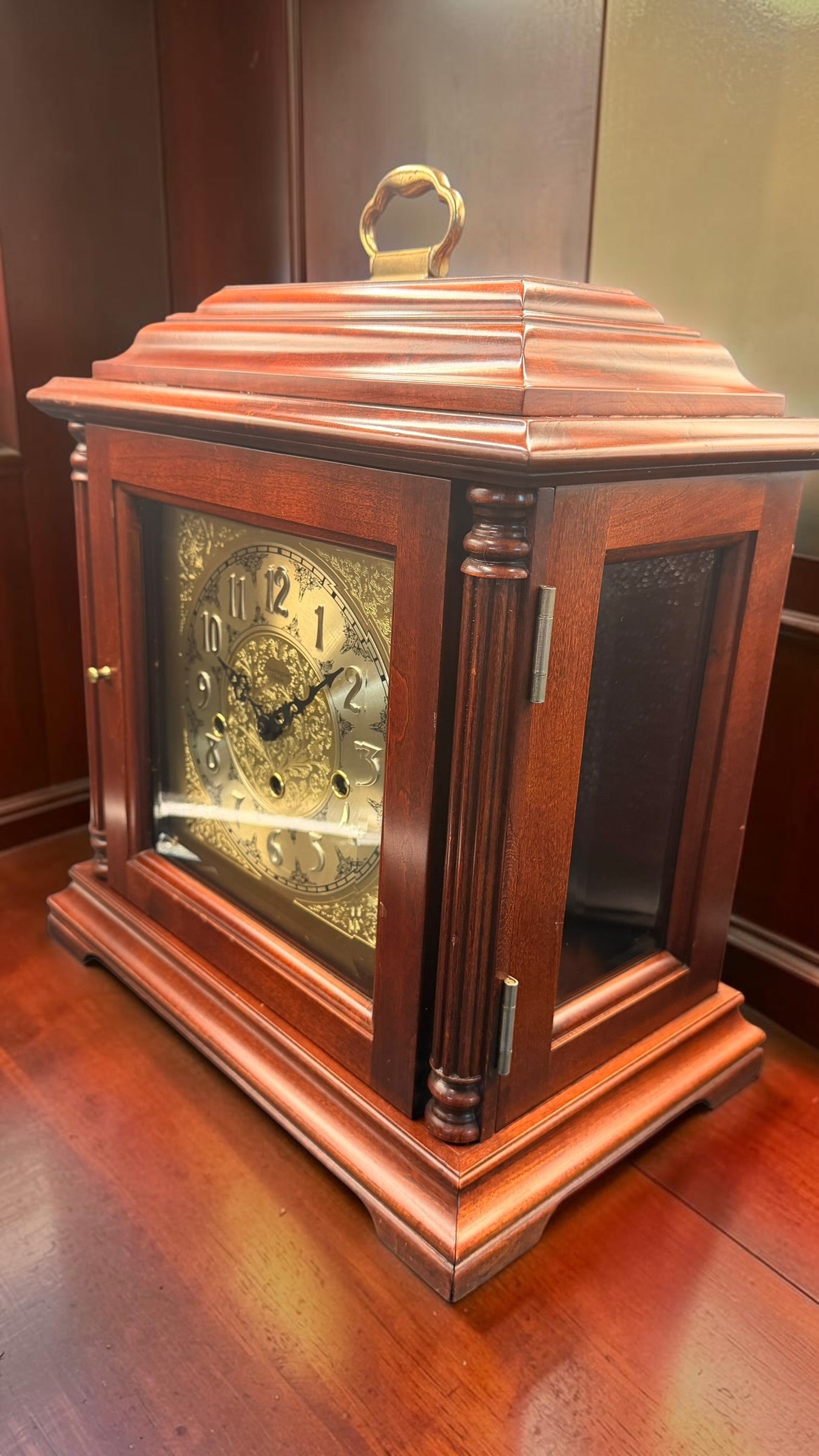 Harrington House Triple Chime Bracket Clock Franz Hermle 1051-020 Mechanical Movement Beveled Glass Germany