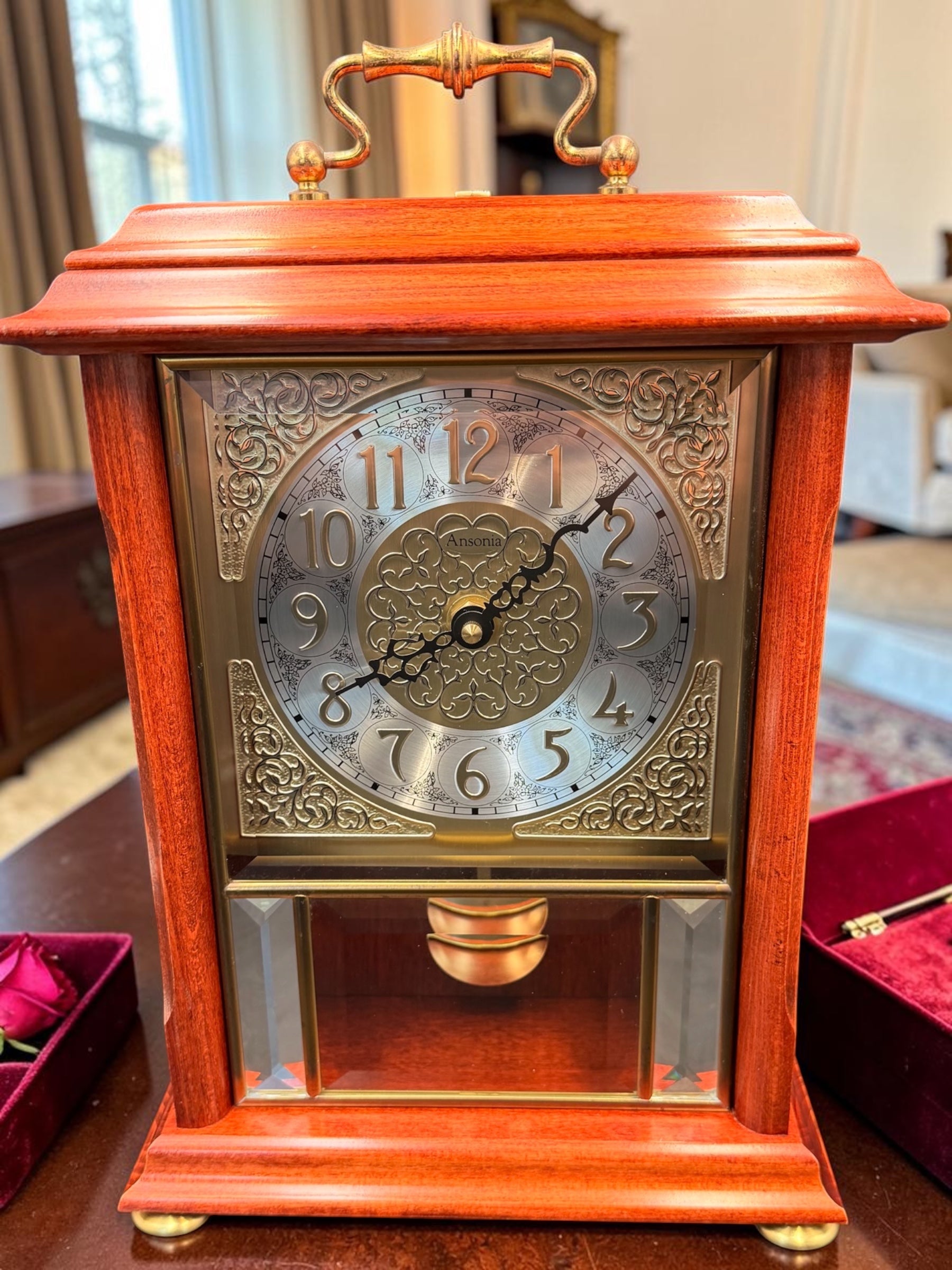 Ansonia Quartz Mantel Clock – Westminster Chime Pendulum Beveled Glass