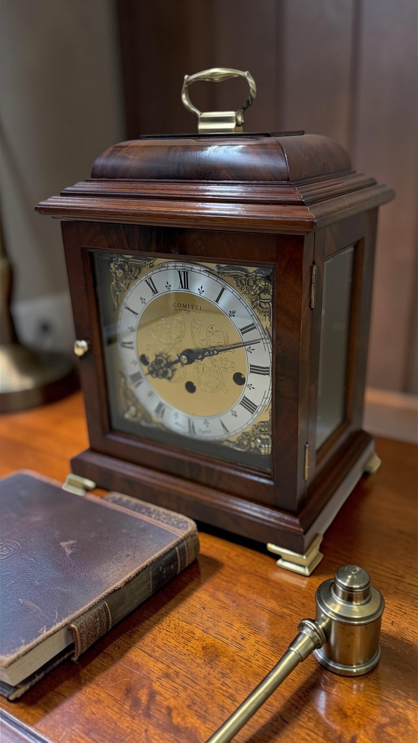Comitti London Triple Chime Bracket Clock – Mahogany Case – 8-Day English Luxury Mantel Clock