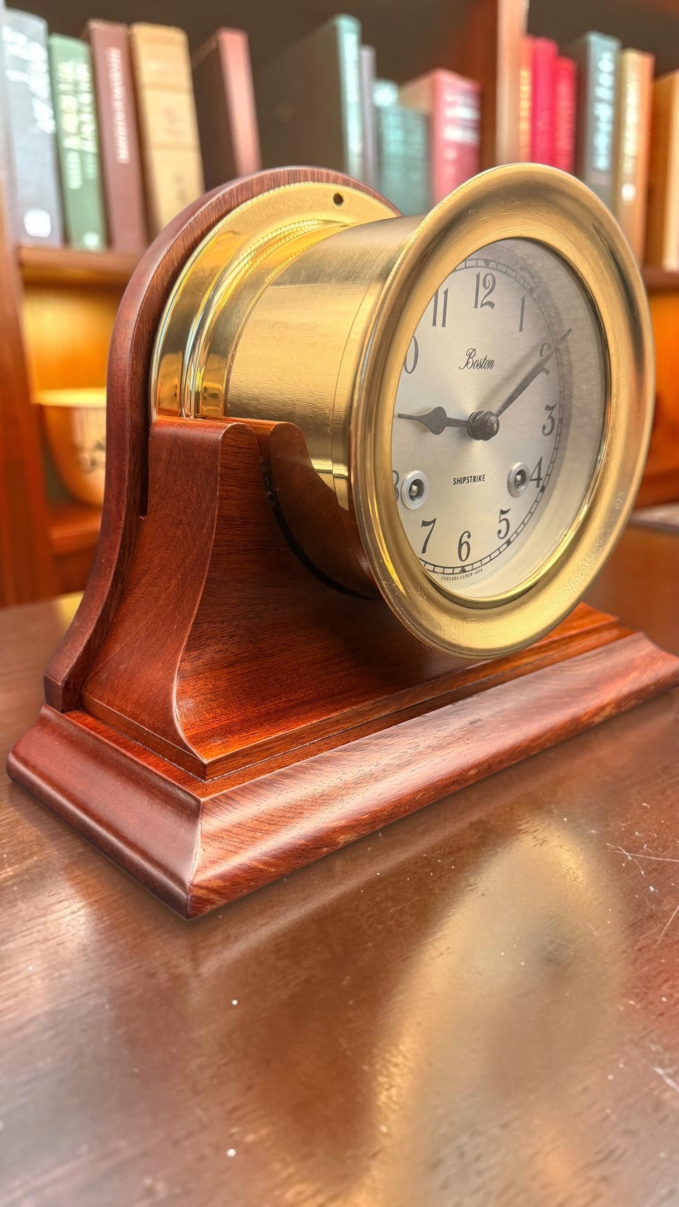 Chelsea Boston Shipstrike Shelf Clock – Brass & Mahogany Wood Base