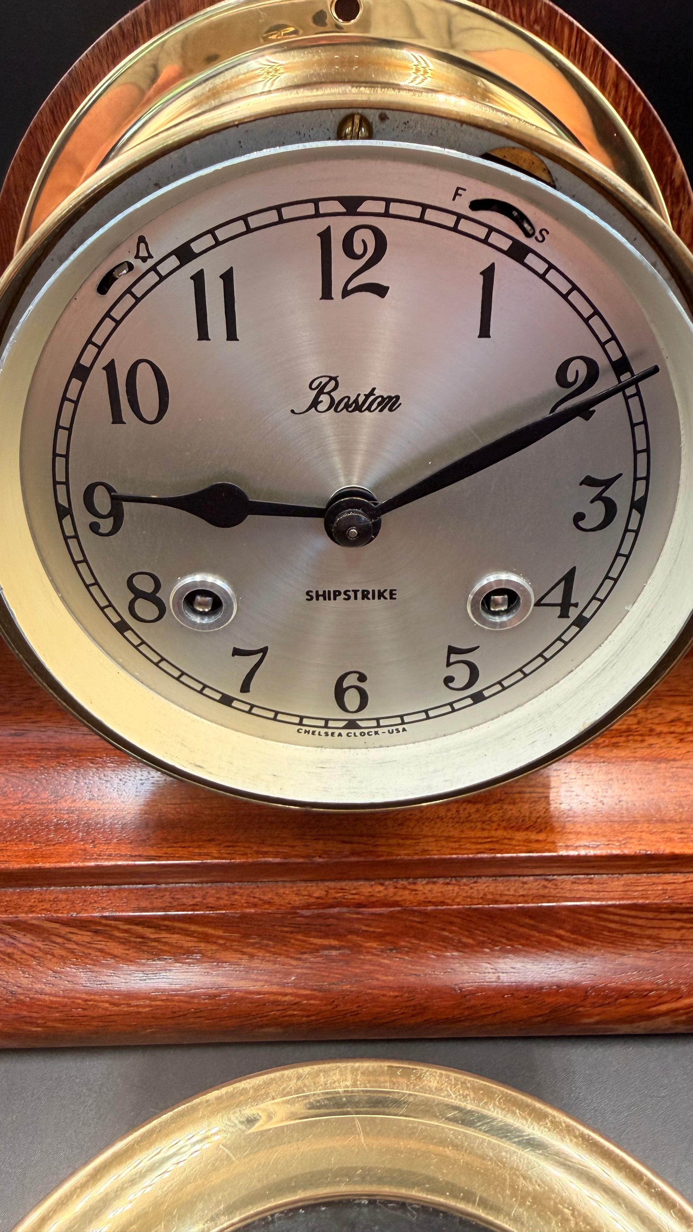 Chelsea Boston Shipstrike Shelf Clock – Brass & Mahogany Wood Base