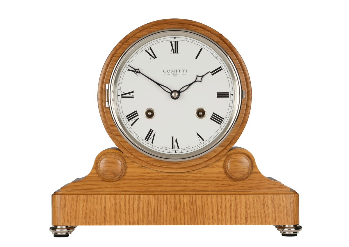 Comitti The Barrell Mantel Clock – Oak, Bell Strike – front view