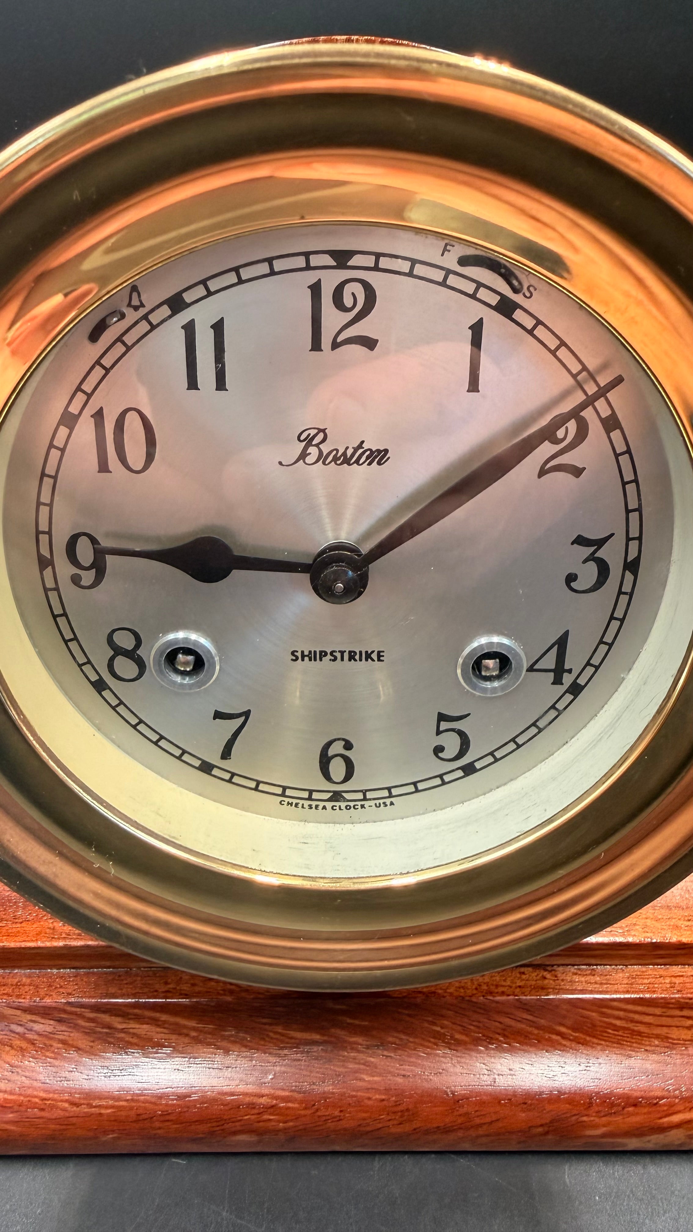 Chelsea Boston Shipstrike Shelf Clock – Brass & Mahogany Wood Base
