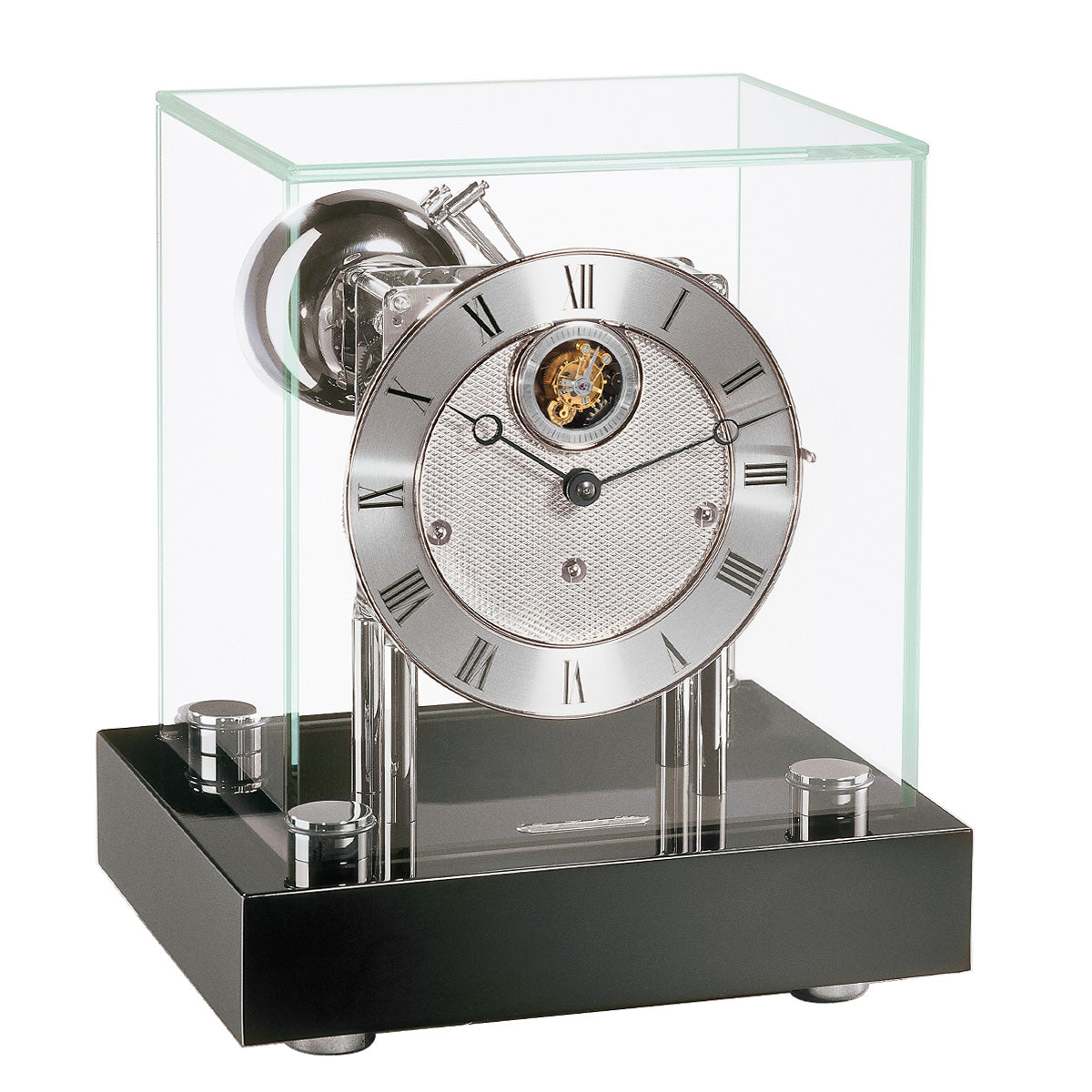 Hermle Hampton Tourbillon luxury desk clock in Black / Nickel with glass case