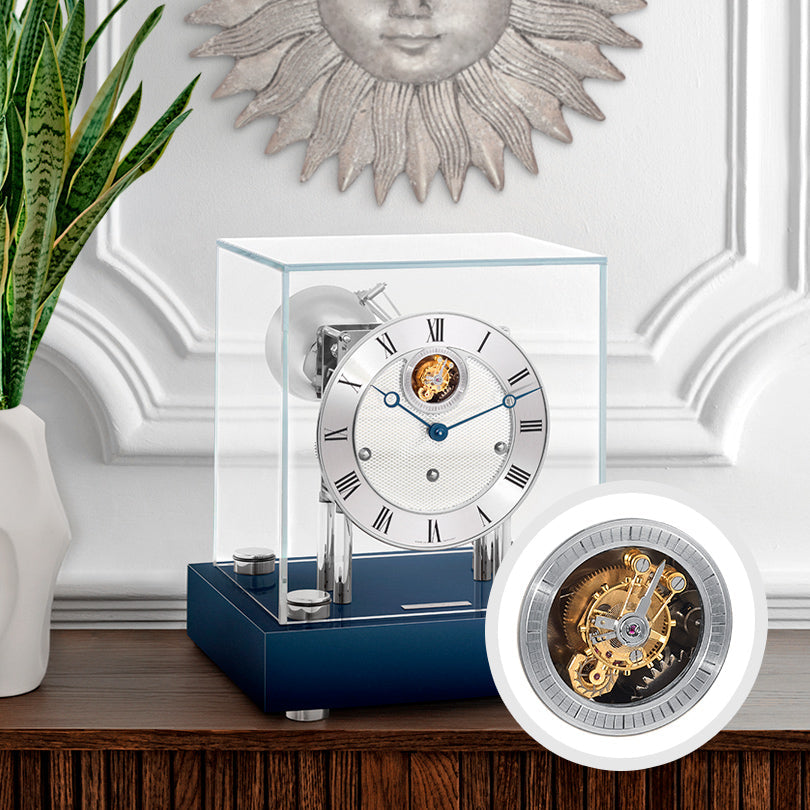Hermle Hampton Blue / Nickel tourbillon desk clock with a detail of the tourbillon