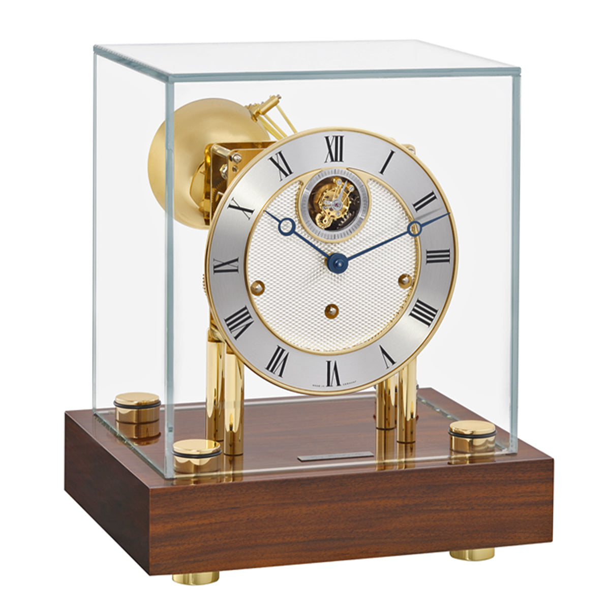Hermle Hampton Tourbillon luxury desk clock in Walnut / Brass with glass case