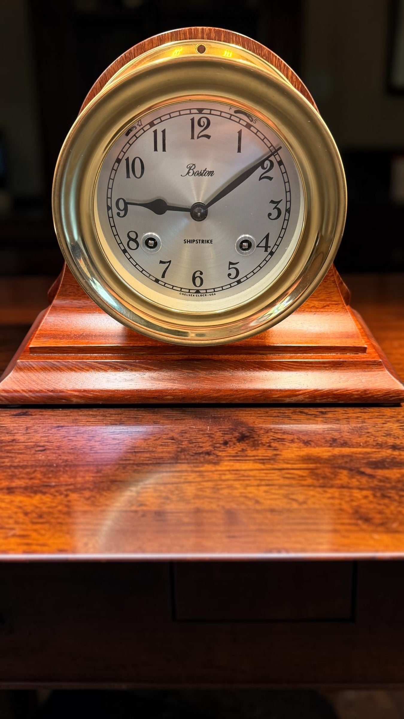 Chelsea Boston Shipstrike Shelf Clock – Brass & Mahogany Wood Base