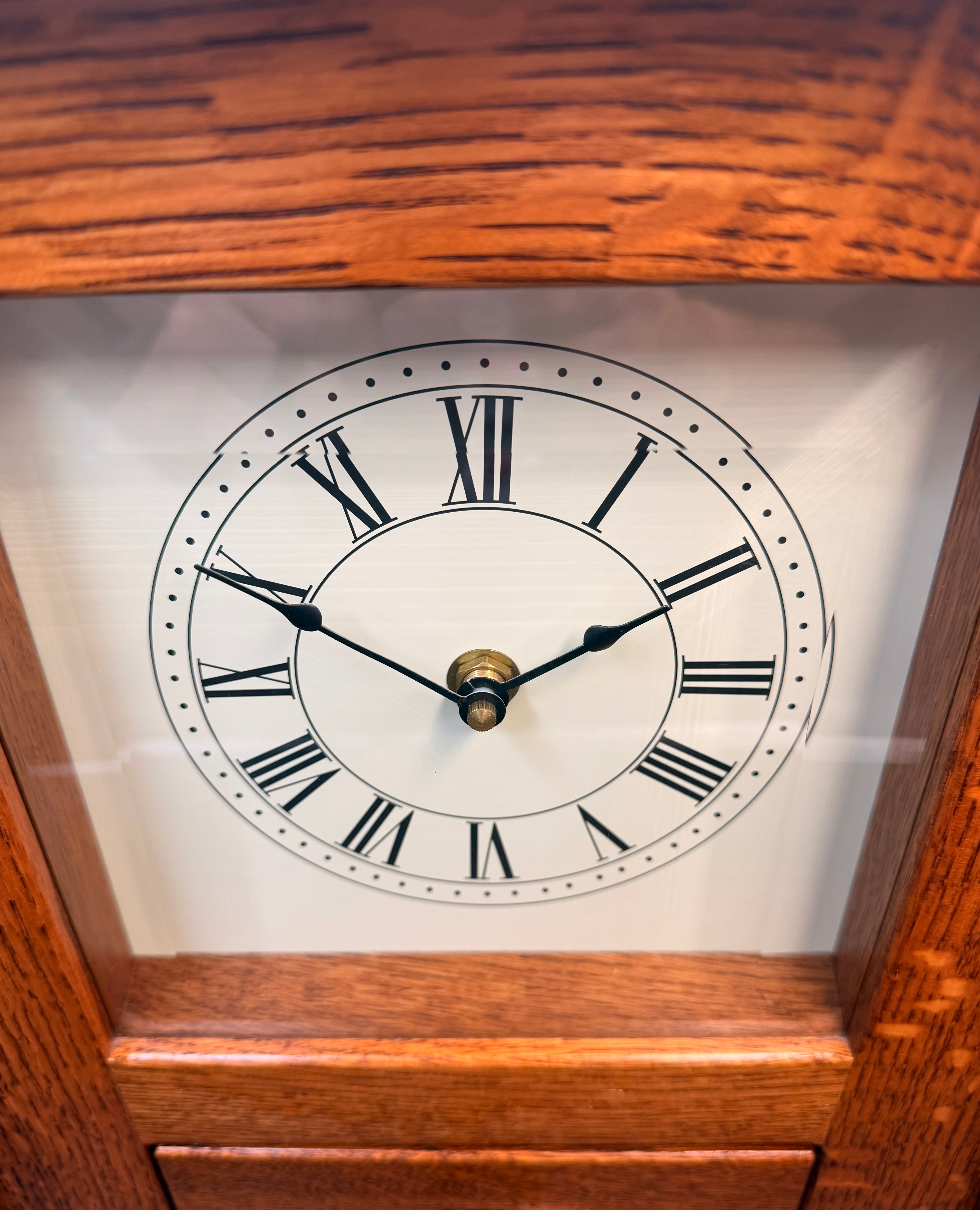 Handcrafted Mission Quarter-Sawn White Oak Mantel Clock by LaVern Bontrager – Westminster Chime – Beveled Glass