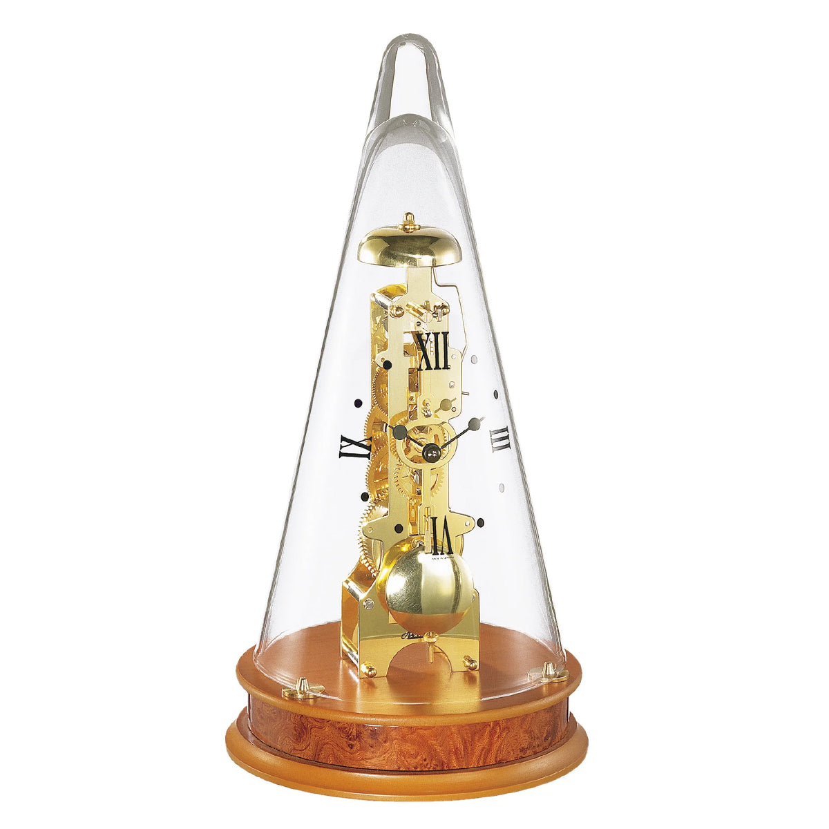 Conical mechanical clock with brass gearing visible beneath glass dome, sitting on light cherry wood base
