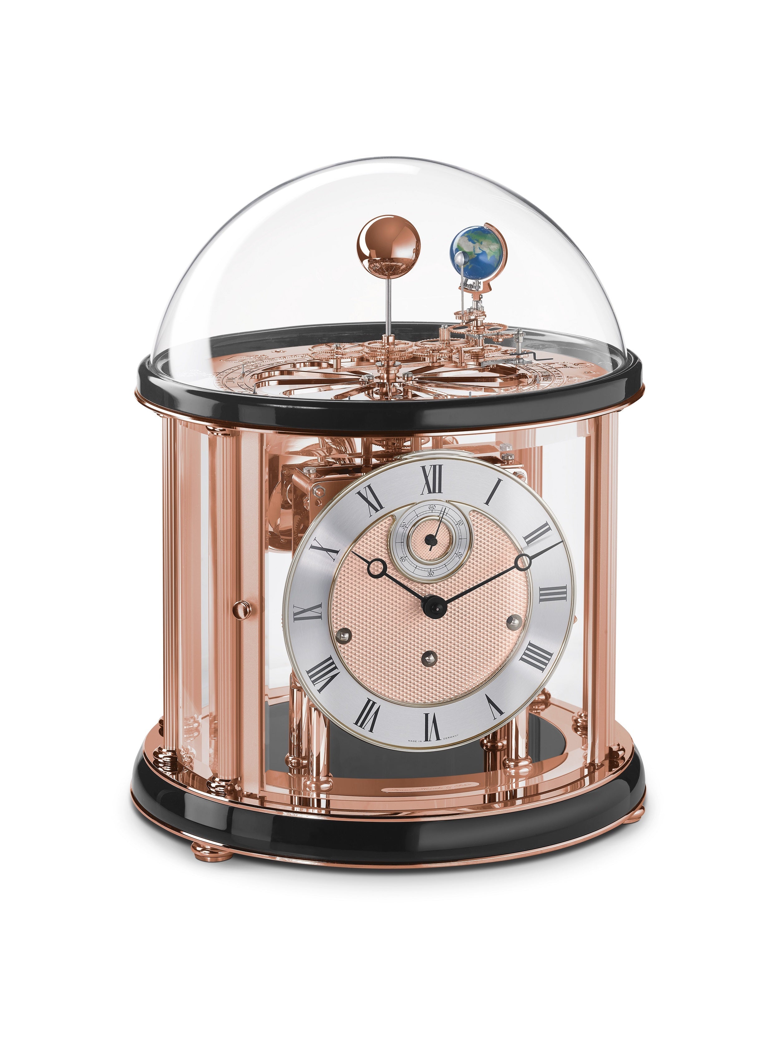 Black and rose gold Tellurium clock with glass dome.