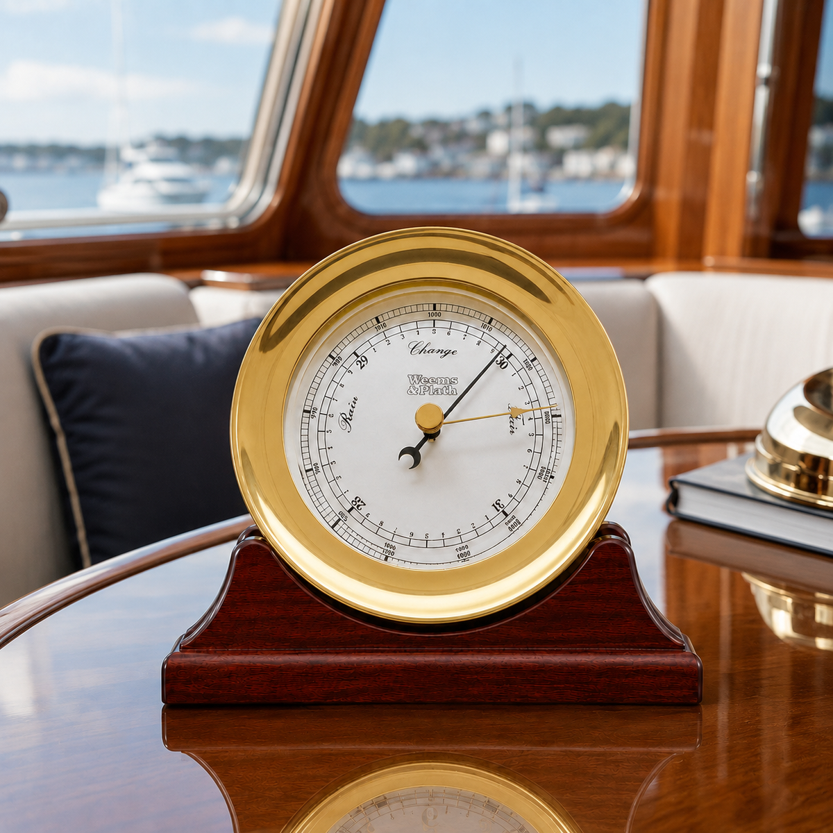Weems & Plath Atlantis Barometer with High Altitude Movement (+3,500') on matching Weems & Plath mahogany base