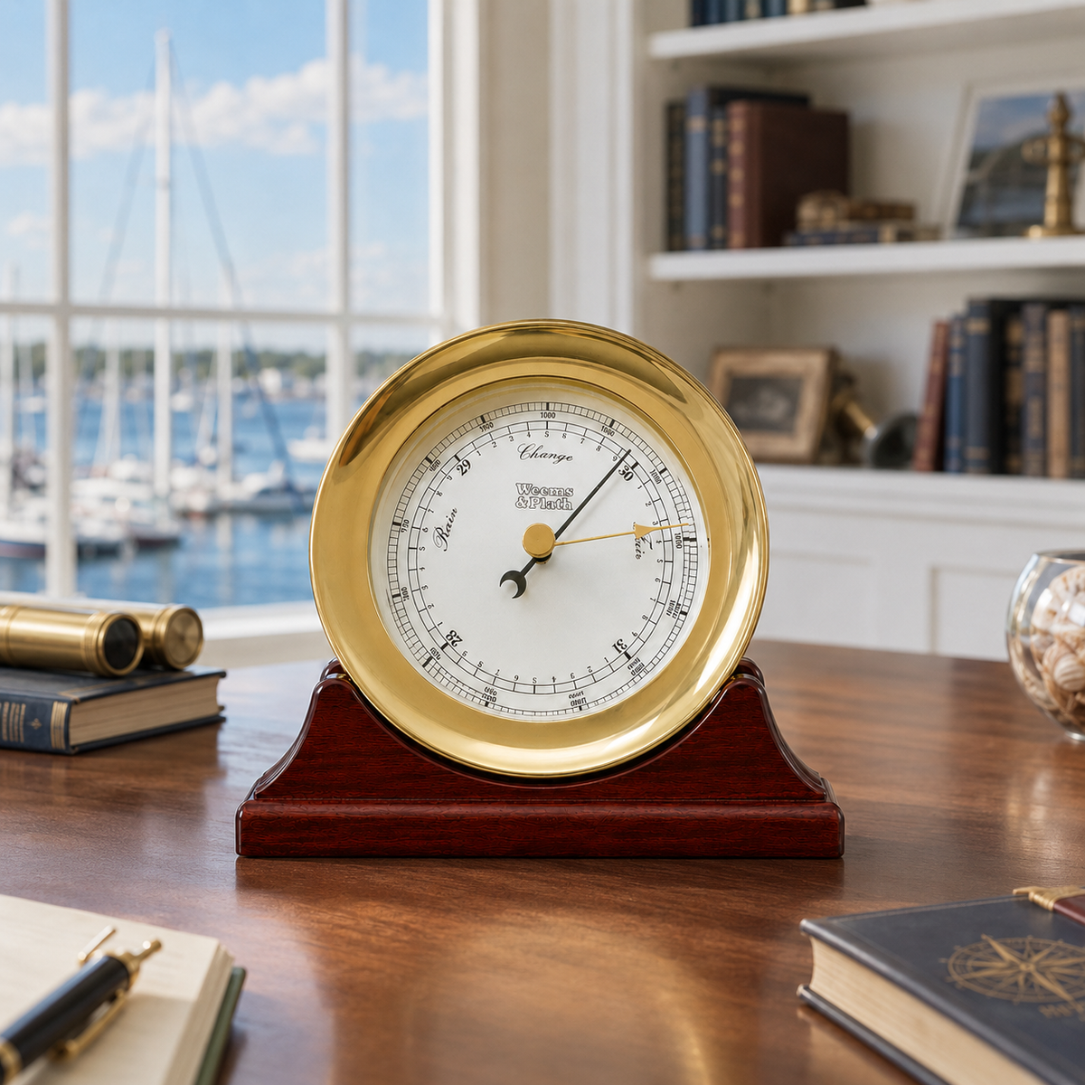 Weems & Plath Atlantis Brass Barometer on matching Weems & Plath mahogany base