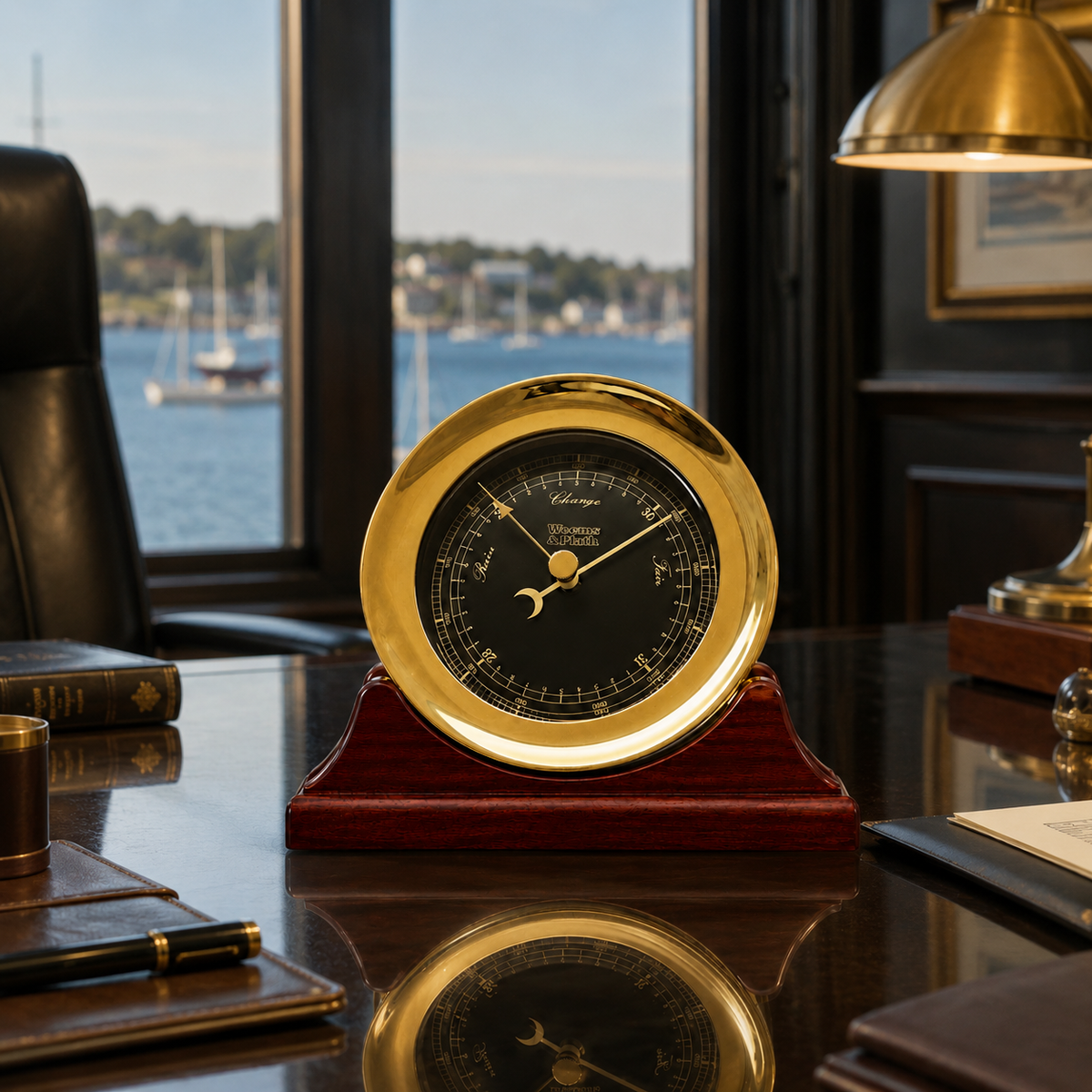 Weems & Plath Atlantis Premiere Barometer, Black Dial with Gold Scale on matching Weems & Plath mahogany base