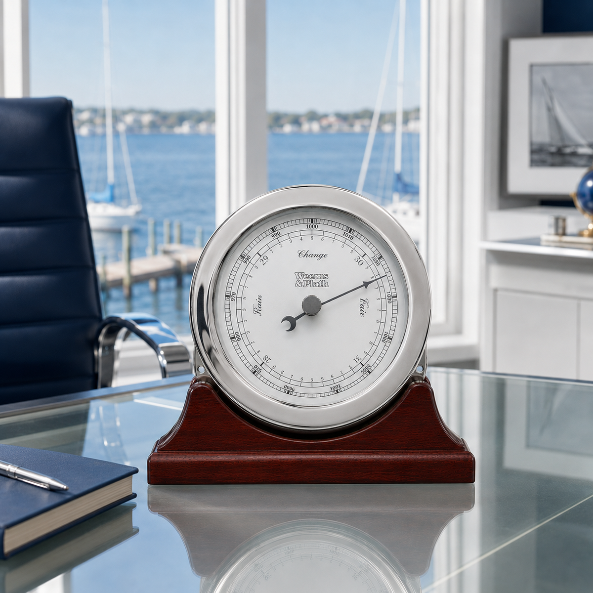 Weems & Plath Chrome-Plated Atlantis Barometer on matching Weems & Plath mahogany base