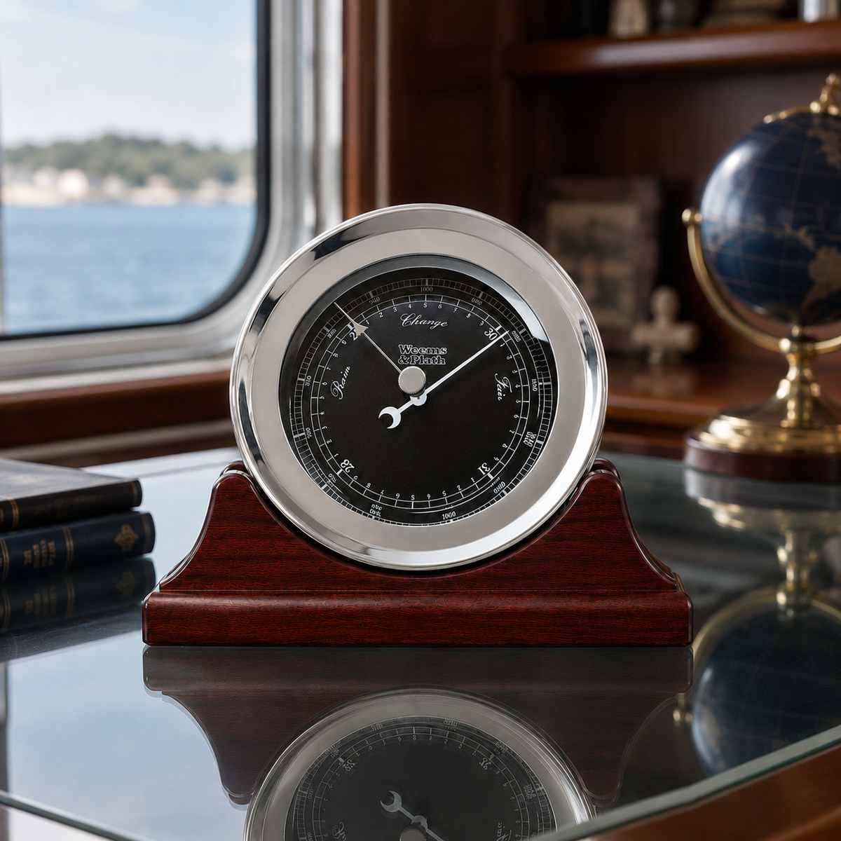 Weems & Plath Chrome-Plated Atlantis Premiere Barometer, Black Dial with White Scale on matching Weems & Plath mahogany base