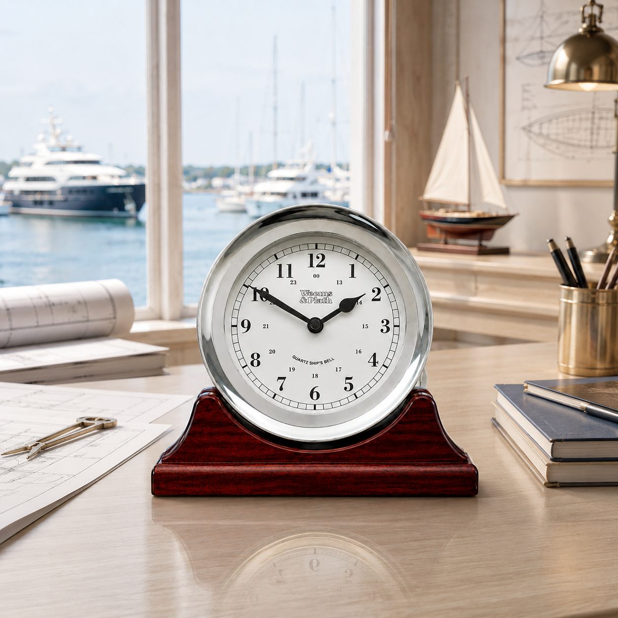 Weems & Plath Chrome-Plated Atlantis Quartz Ship's Bell Clock on matching Weems & Plath mahogany base
