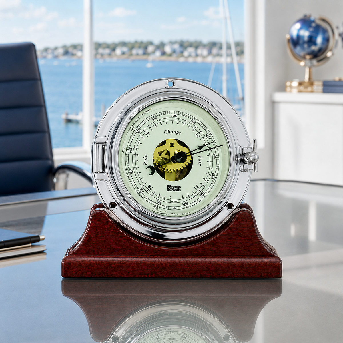 Weems & Plath Chrome Endurance II 105 Open Dial Barometer on matching Weems & Plath mahogany base