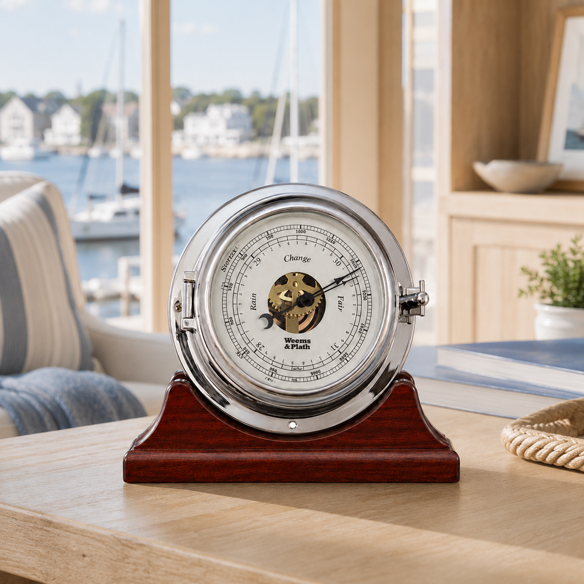 Weems & Plath Chrome Endurance II 115 Open Dial Barometer on matching Weems & Plath mahogany base
