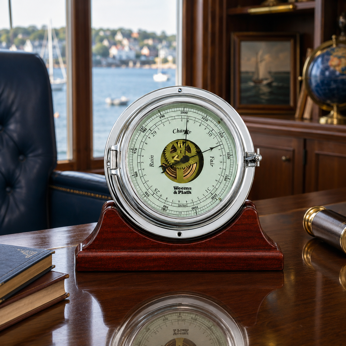 Weems & Plath Chrome Endurance II 135 Open Dial Barometer on matching Weems & Plath mahogany base