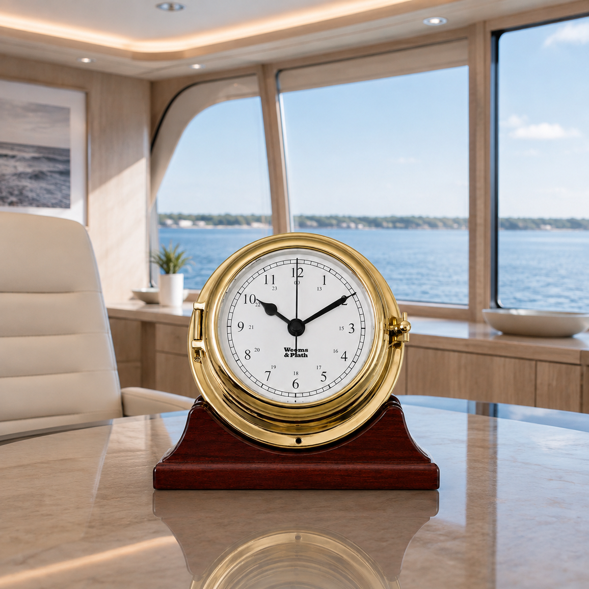 Weems & Plath Endurance II 115 Brass Quartz Ship's Bell Clock on matching Weems & Plath mahogany base