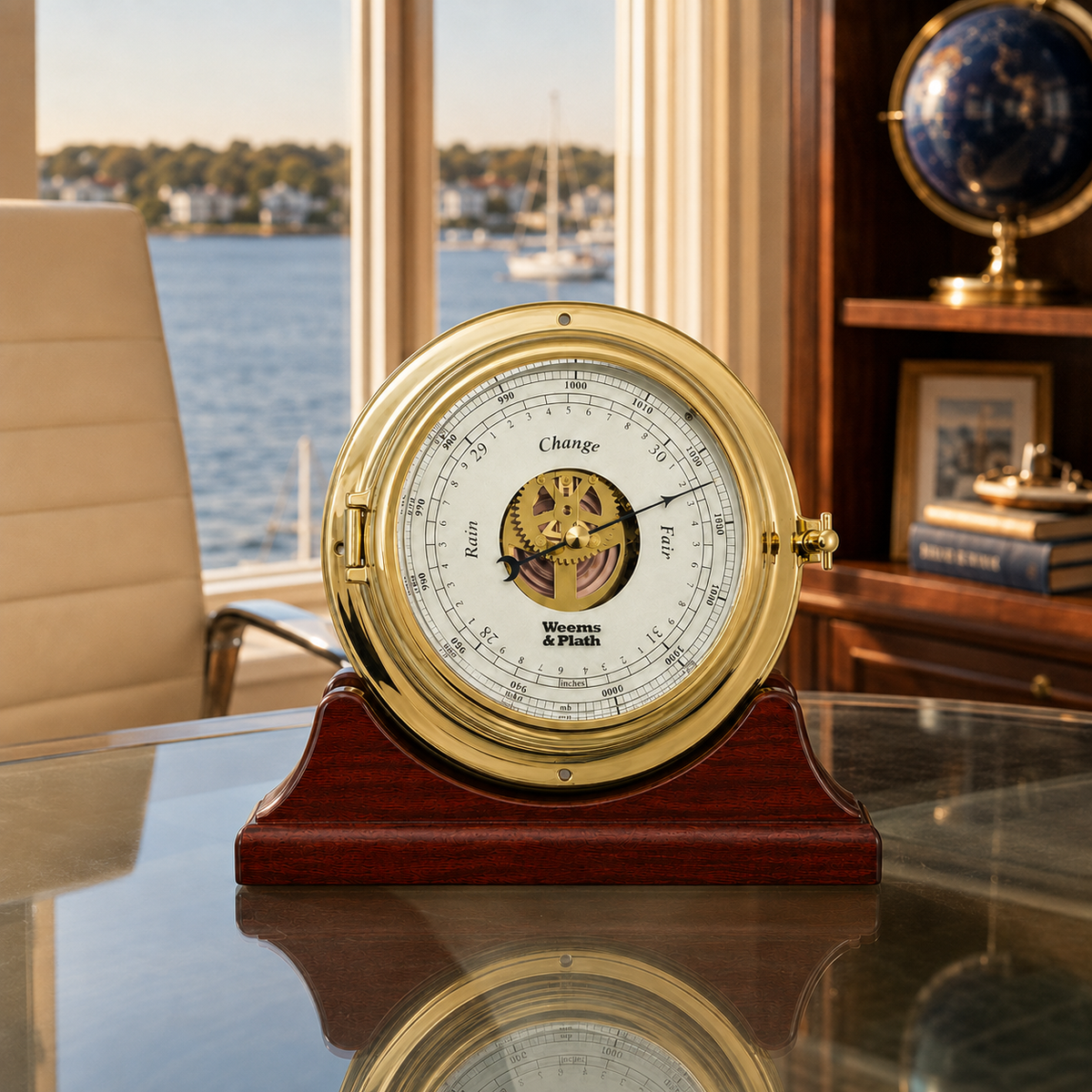 Weems & Plath Endurance II 135 Open Dial Barometer on matching Weems & Plath mahogany base
