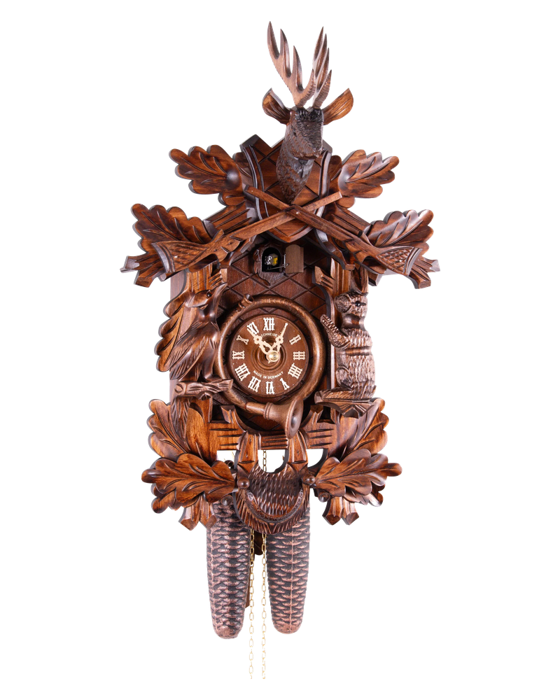 Anton Schneider 8T 215/9 Cervus Venaticu 8-day cuckoo clock, front view