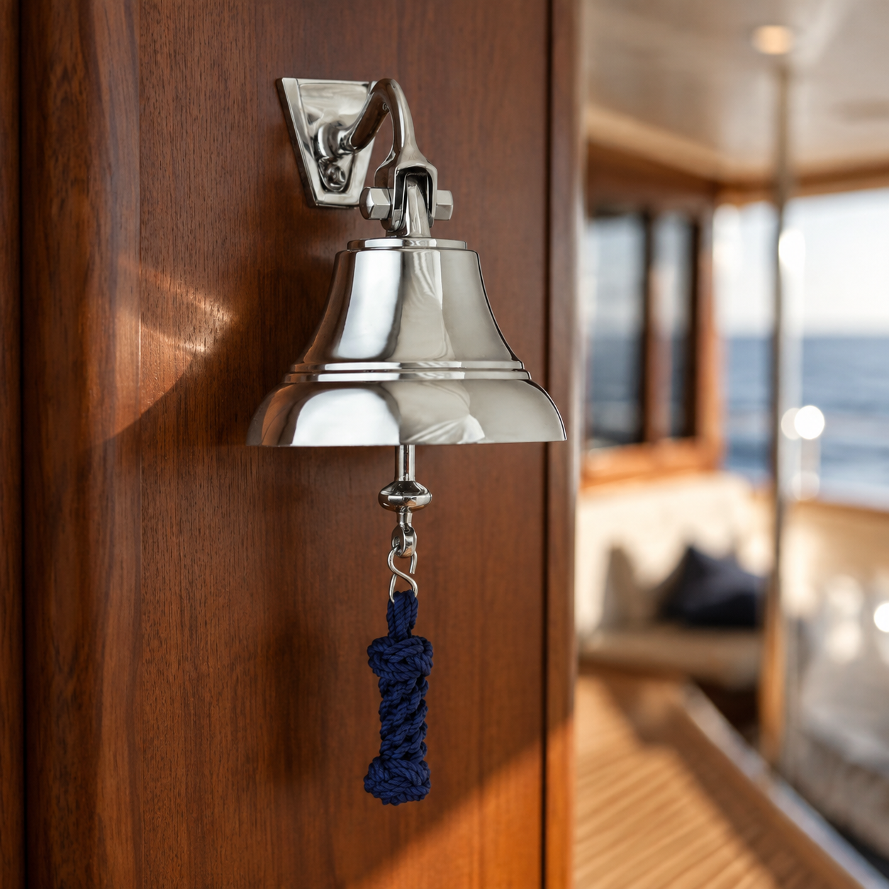 Weems & Plath 5-Inch Nickel Bell with Navy Blue Lanyard — lifestyle view