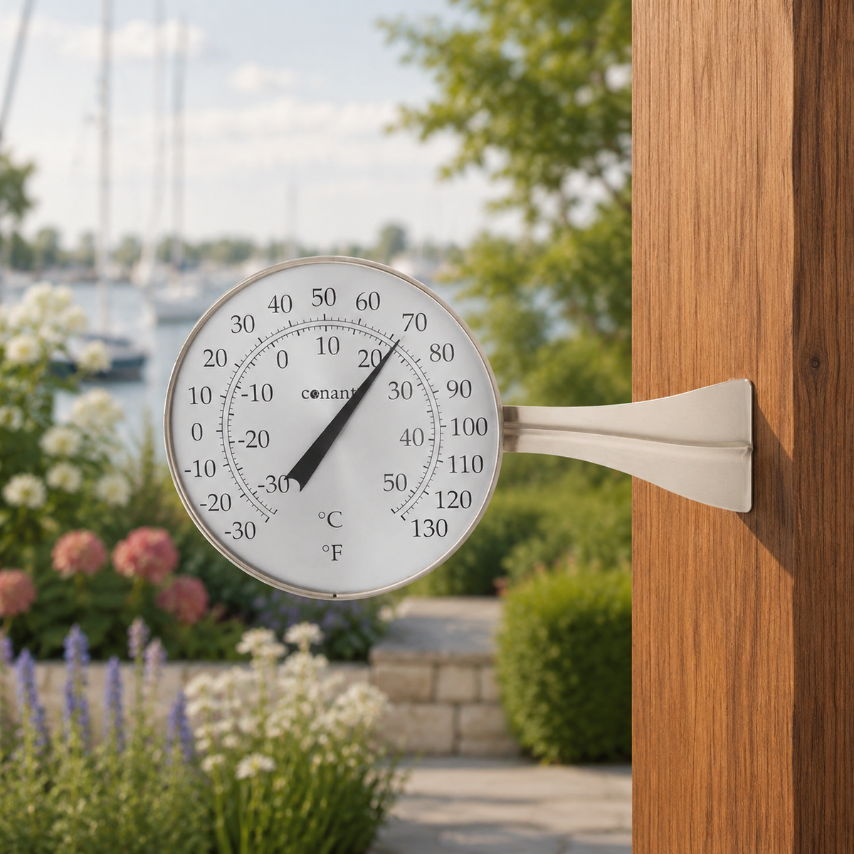 Weems & Plath Conant Décor 8.5-Inch Dial Thermometer in Satin Nickel — lifestyle view