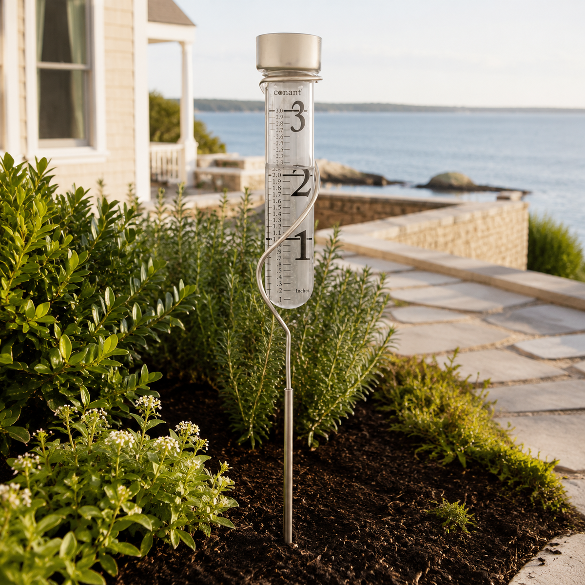 Weems & Plath Conant Décor Grande View High-Contrast Black Rain Gauge in Satin Nickel — lifestyle view