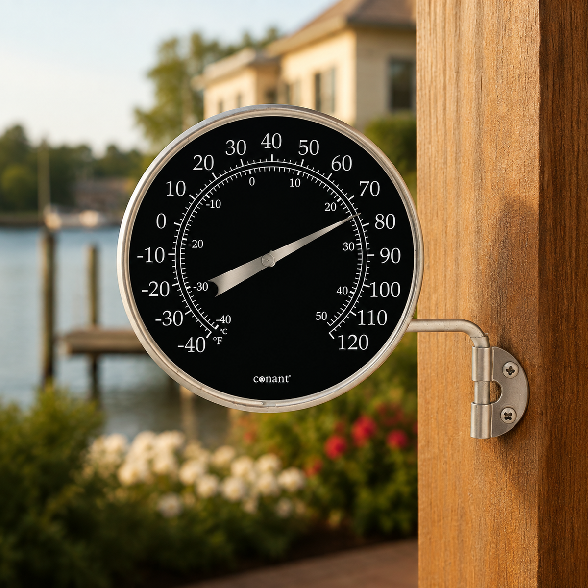 Weems & Plath Conant Décor High-Contrast Black 4-Inch Dial Thermometer in Satin Nickel — lifestyle view