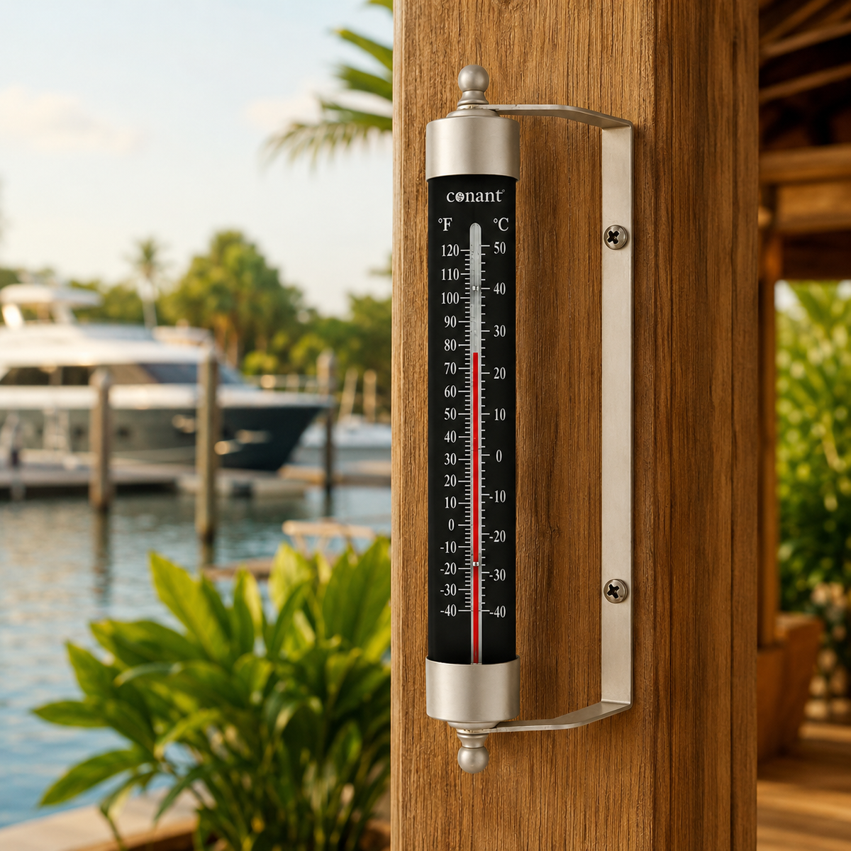Weems & Plath Conant Décor High-Contrast Black Indoor/Outdoor Thermometer in Satin Nickel — lifestyle view