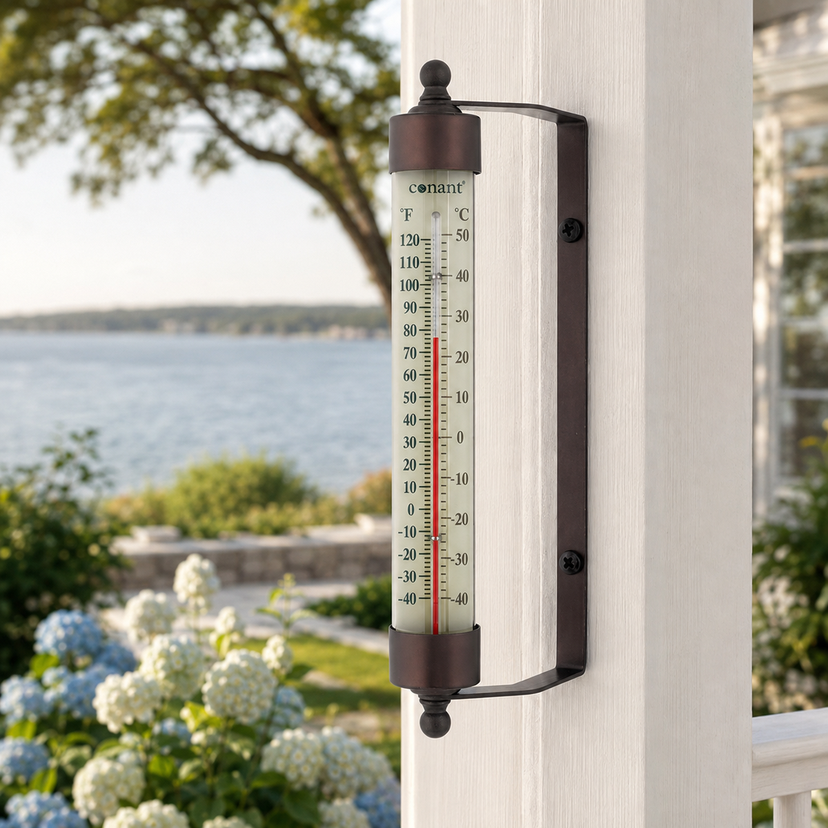 Weems & Plath Conant Décor Indoor/Outdoor Thermometer in Bronze Patina — lifestyle view