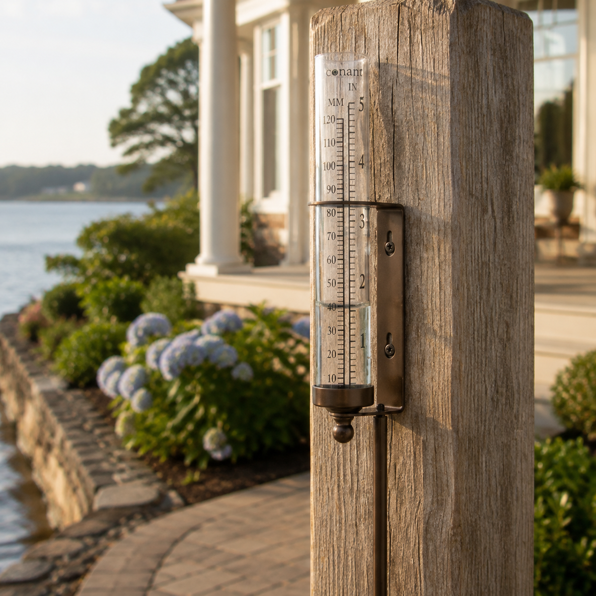 Weems & Plath Conant Décor Rain Gauge in Bronze Patina — lifestyle view