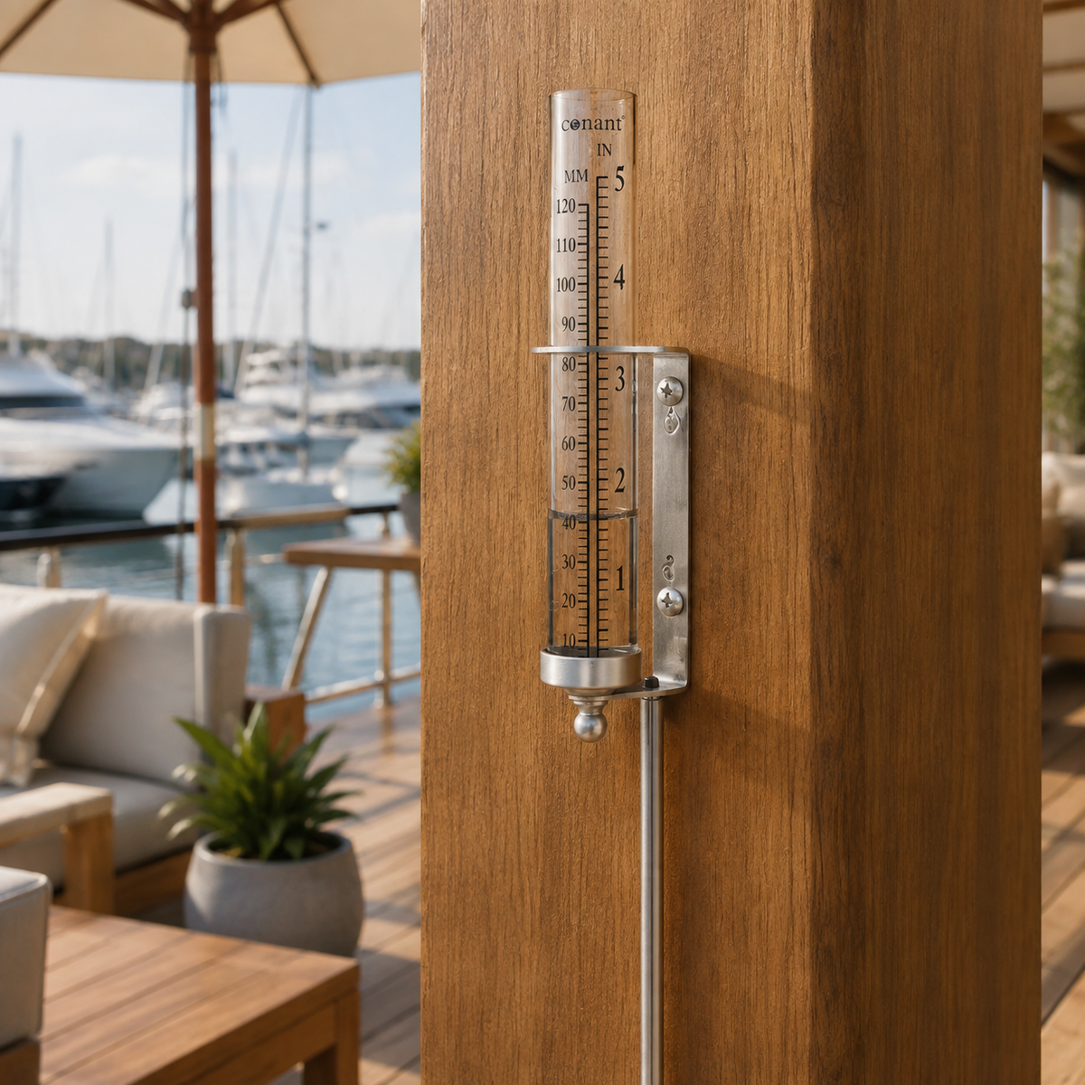 Weems & Plath Conant Décor Rain Gauge in Satin Nickel — lifestyle view