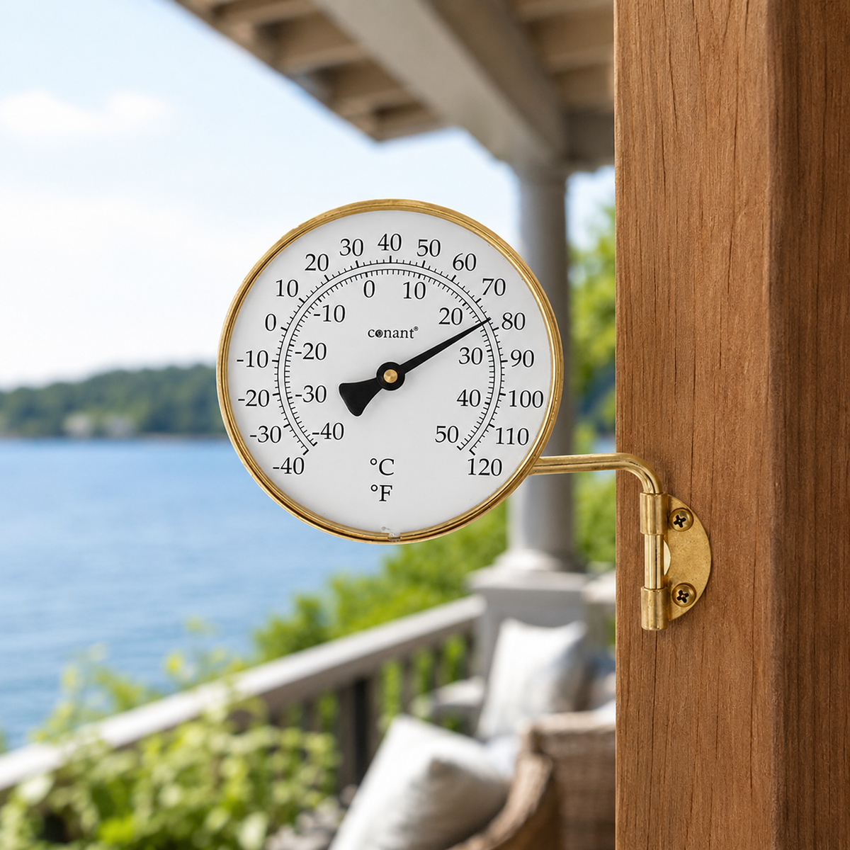 Weems & Plath Conant Vermont Dial Thermometer in Living Finish Brass — lifestyle view