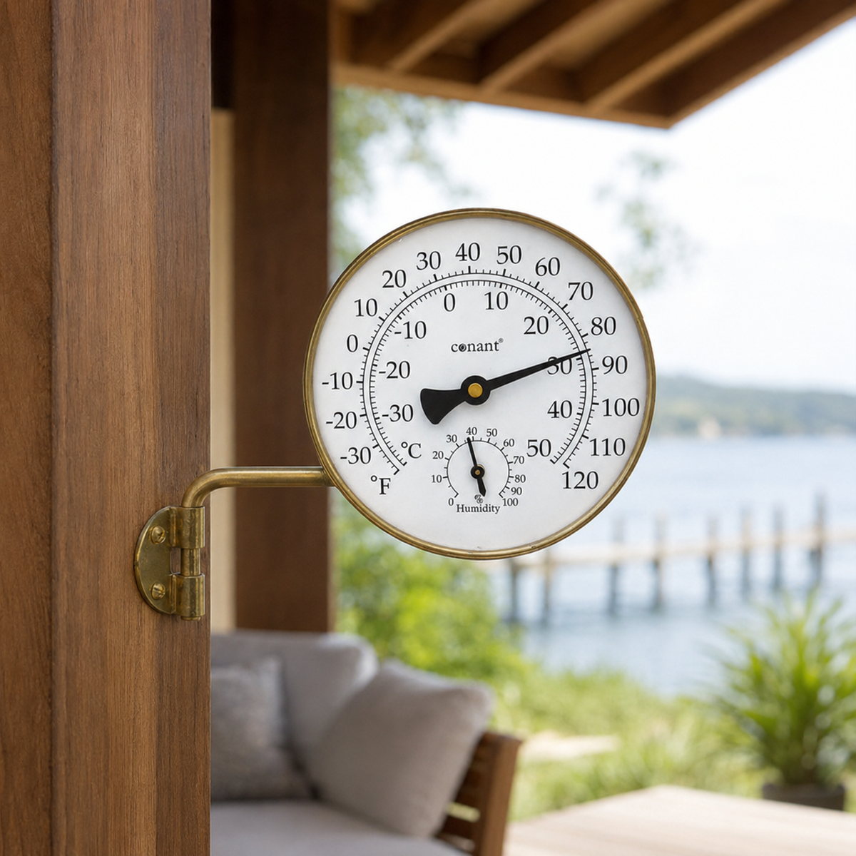 Weems & Plath Conant Vermont Weather Station in Living Finish Brass — lifestyle view