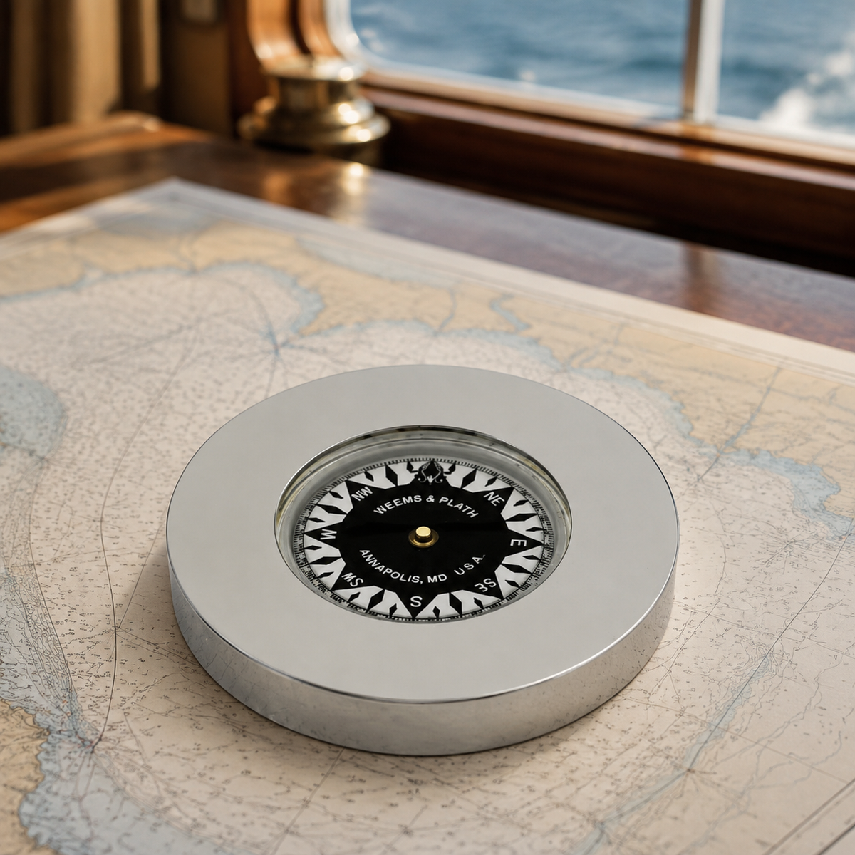 Weems & Plath Nickel-Plated Compass Chart Weight — lifestyle view