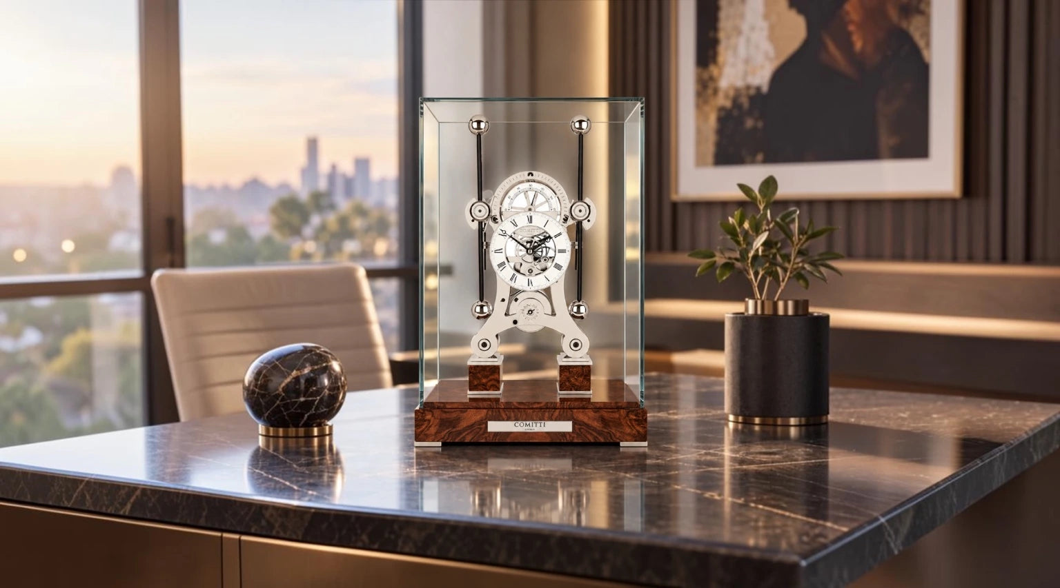 Comitti Navigator clock with rhodium mechanics and a burr walnut base