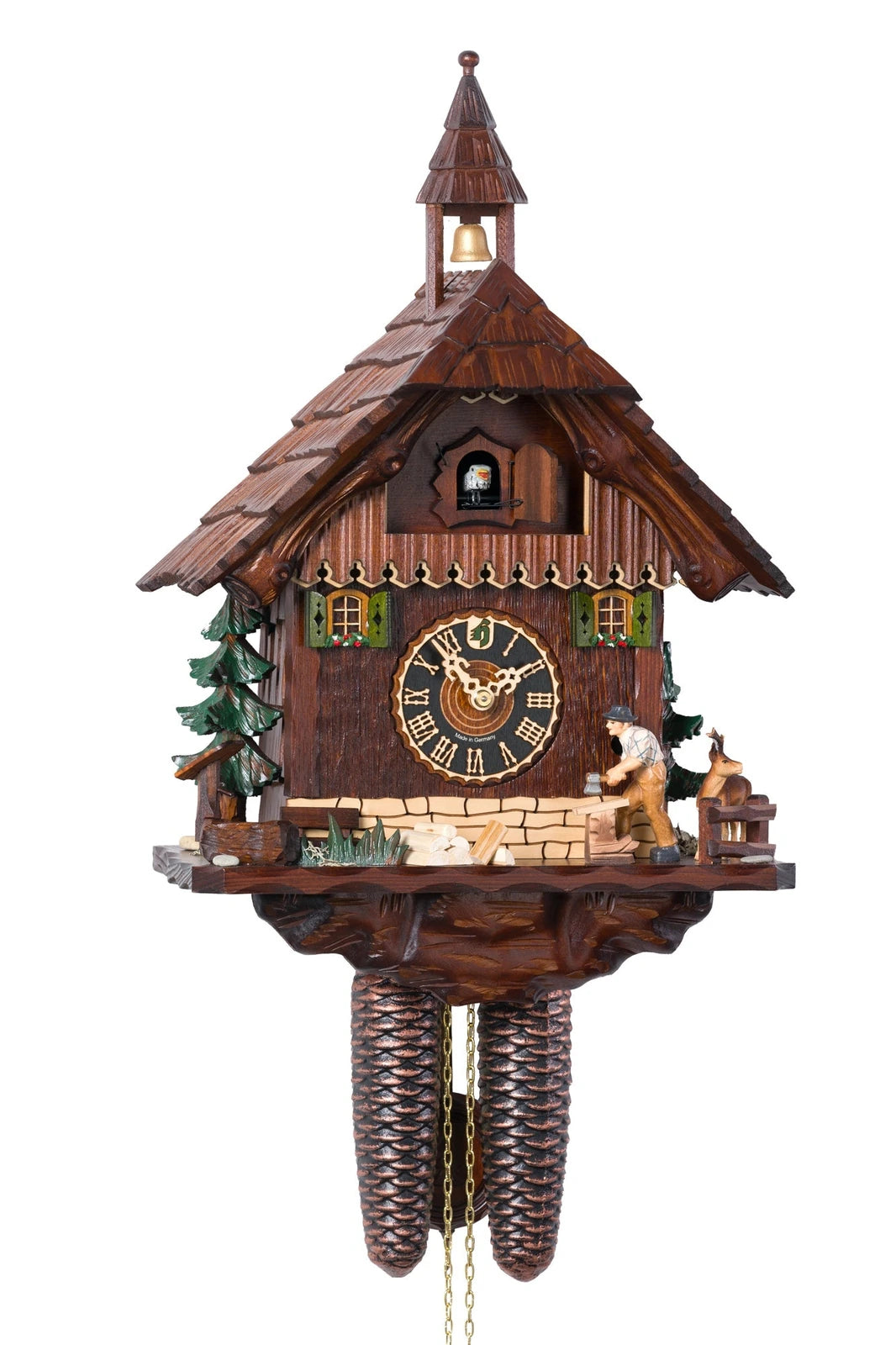 Hönes chalet cuckoo clock with bell tower, woodcutter and two pinecone weights.