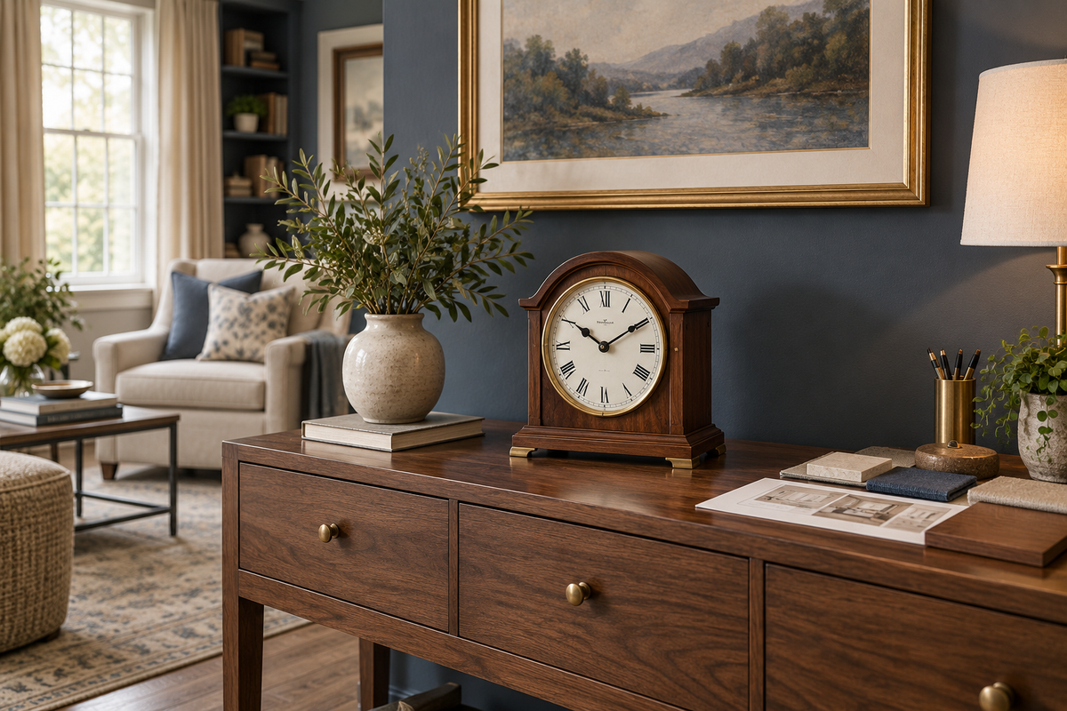 Walnut mantel clock on a console beside fabric and finish samples in a warmly furnished living room.