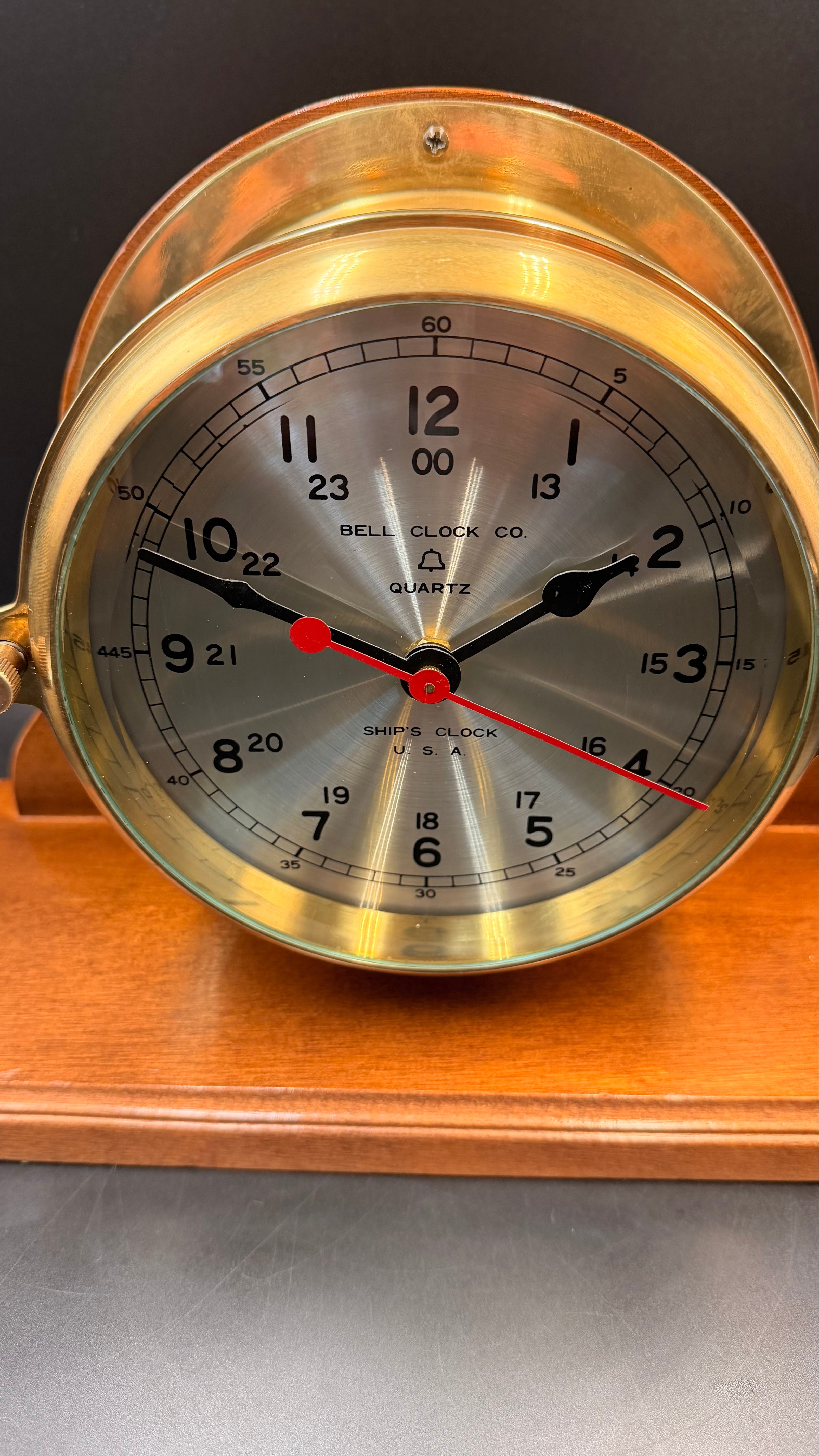 Vintage Bell Clock Co. Quartz Ship’s Clock on Wooden Stand – Brass Porthole Nautical Desk Clock – Made in USA
