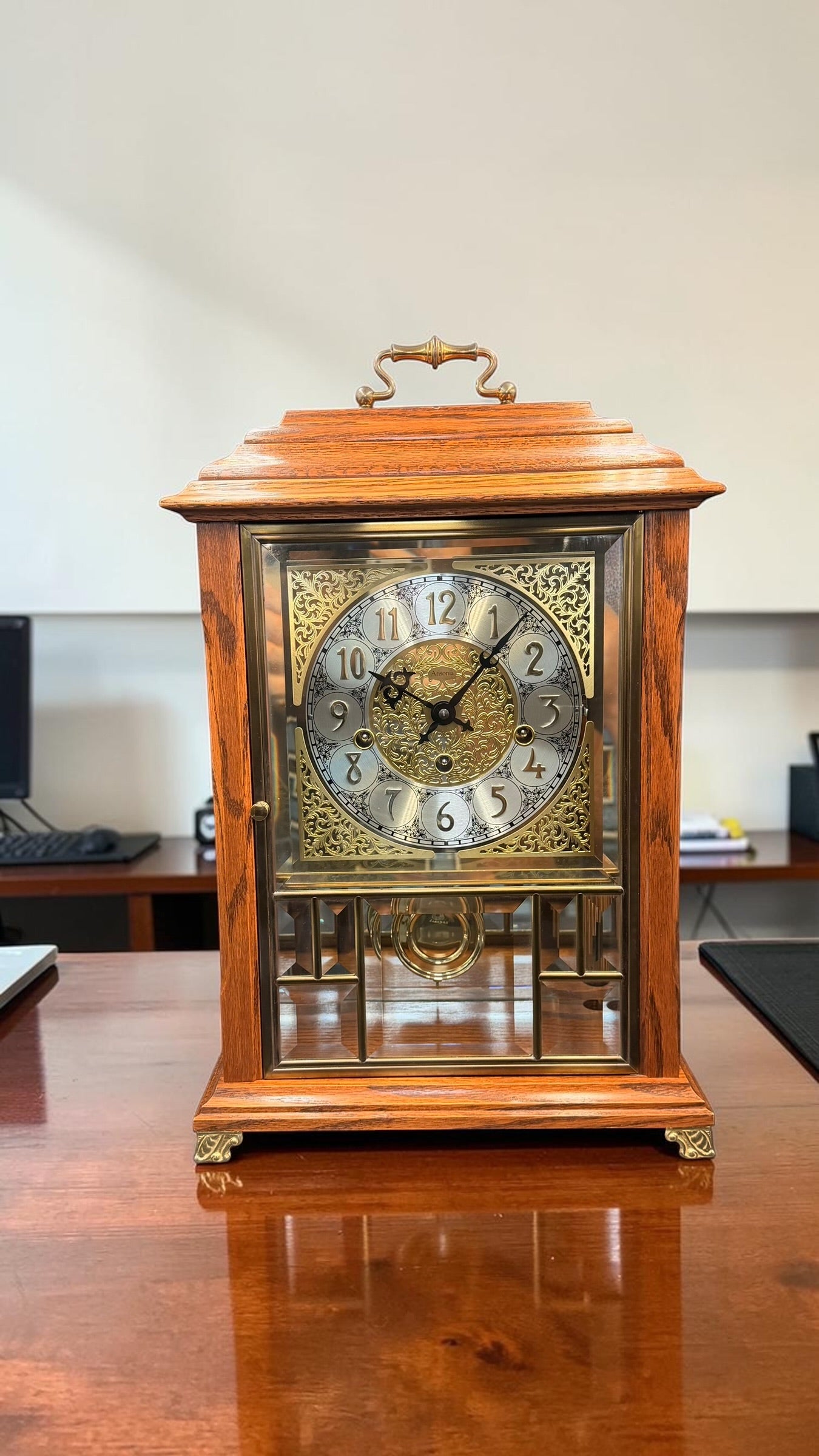 Ansonia Gold Medallion 370 Triple Chime Mantel Clock, Beveled Glass Mechanical Bracket Clock