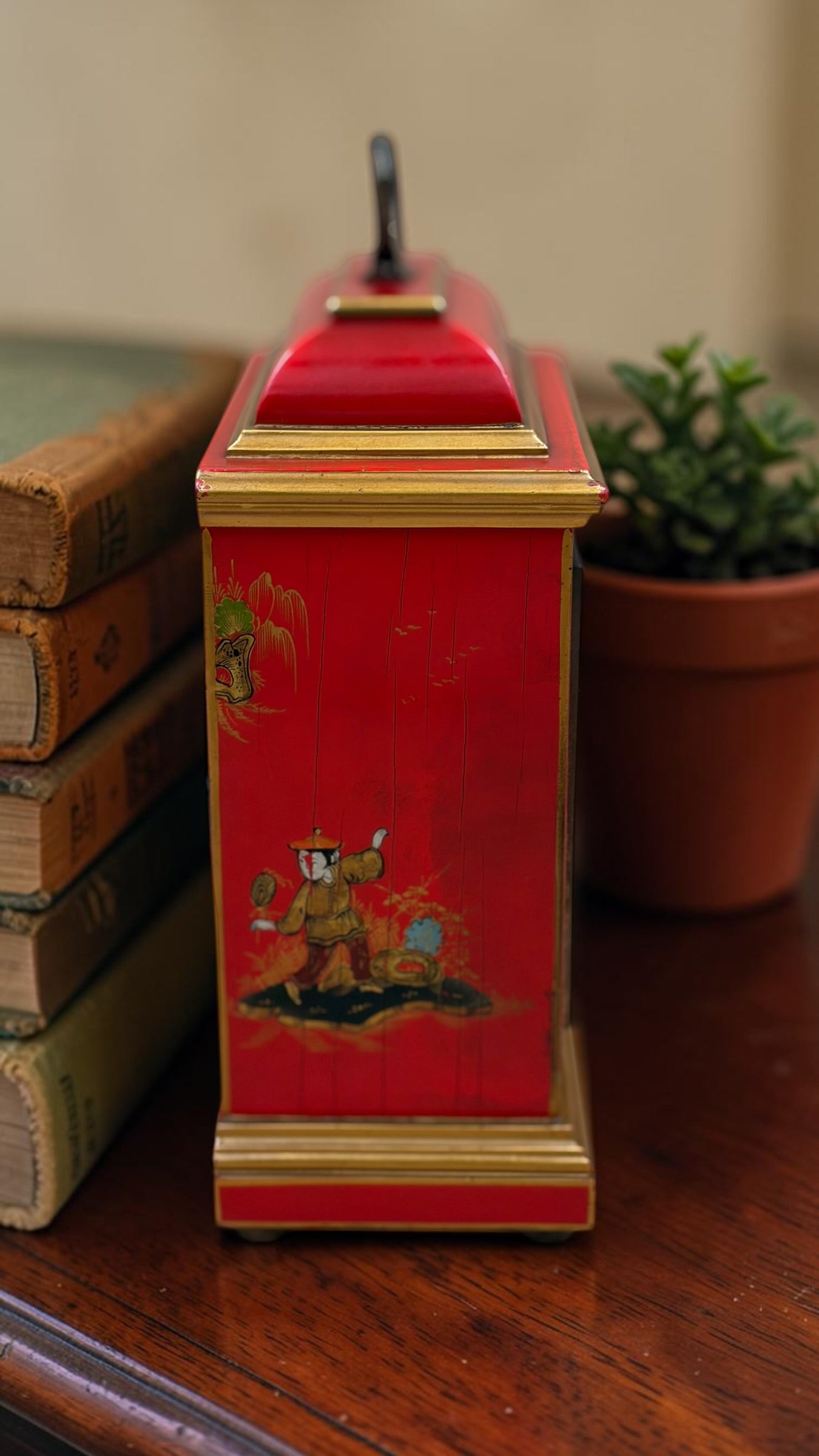 Vintage Elliott London Chinoiserie Mantel Clock – Red Lacquer English Bracket Clock – Made in England