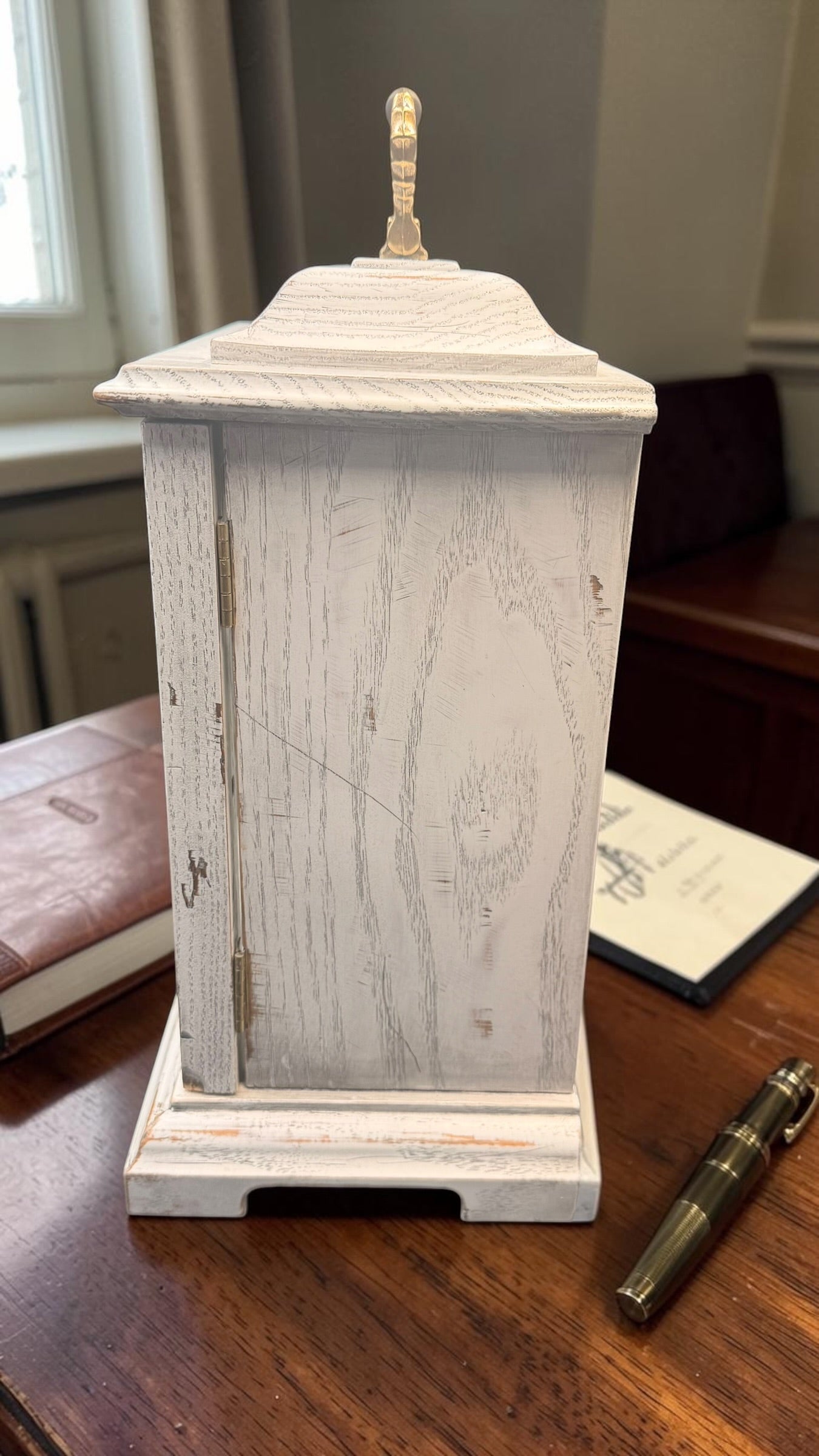 Hermle Austen Mantel Clock – German Mechanical Westminster Chime – Distressed White Farmhouse Shelf Clock