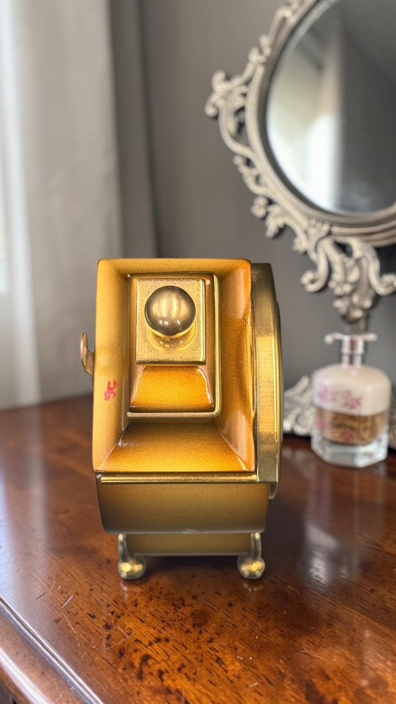 Bucherer Swiss Quartz Mantel Clock – Gold Tone, Hand-Painted Floral, Eluxa Case