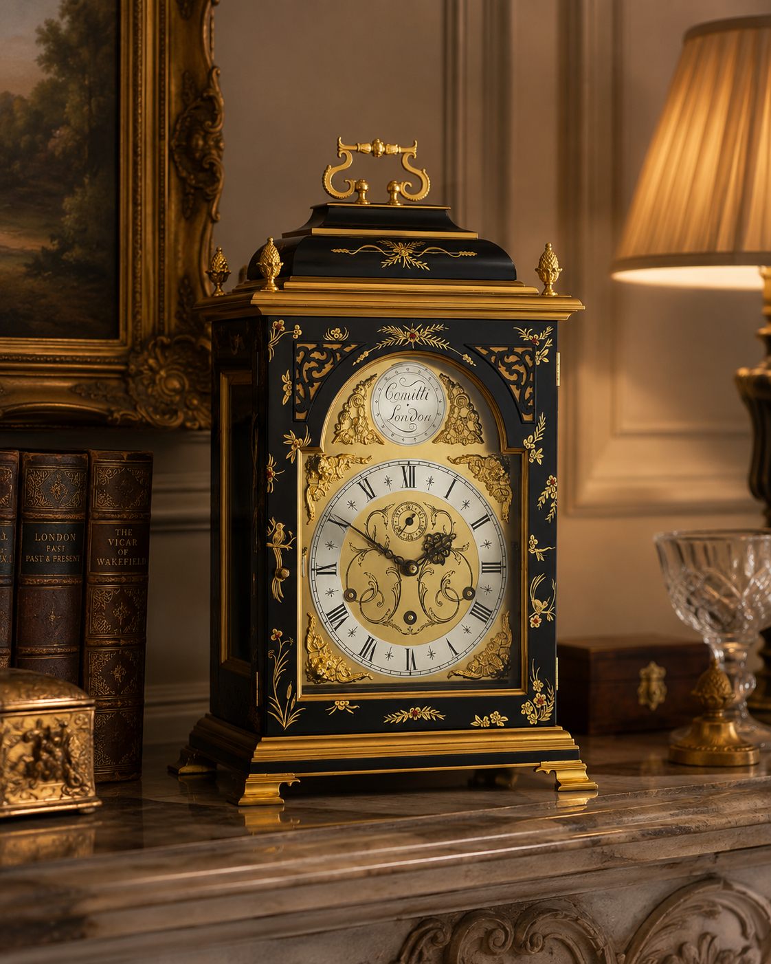 Black and gold Comitti mantel clock displayed on a marble mantel