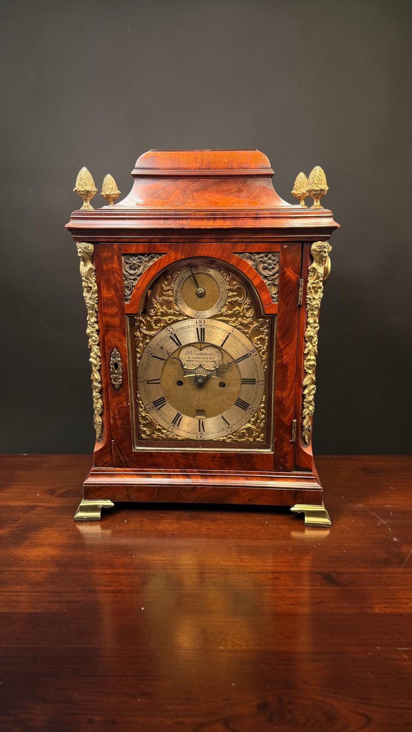 Ornate English Style Mahogany Bracket Clock Case – Brass Dial Display Clock – Restoration Candidate